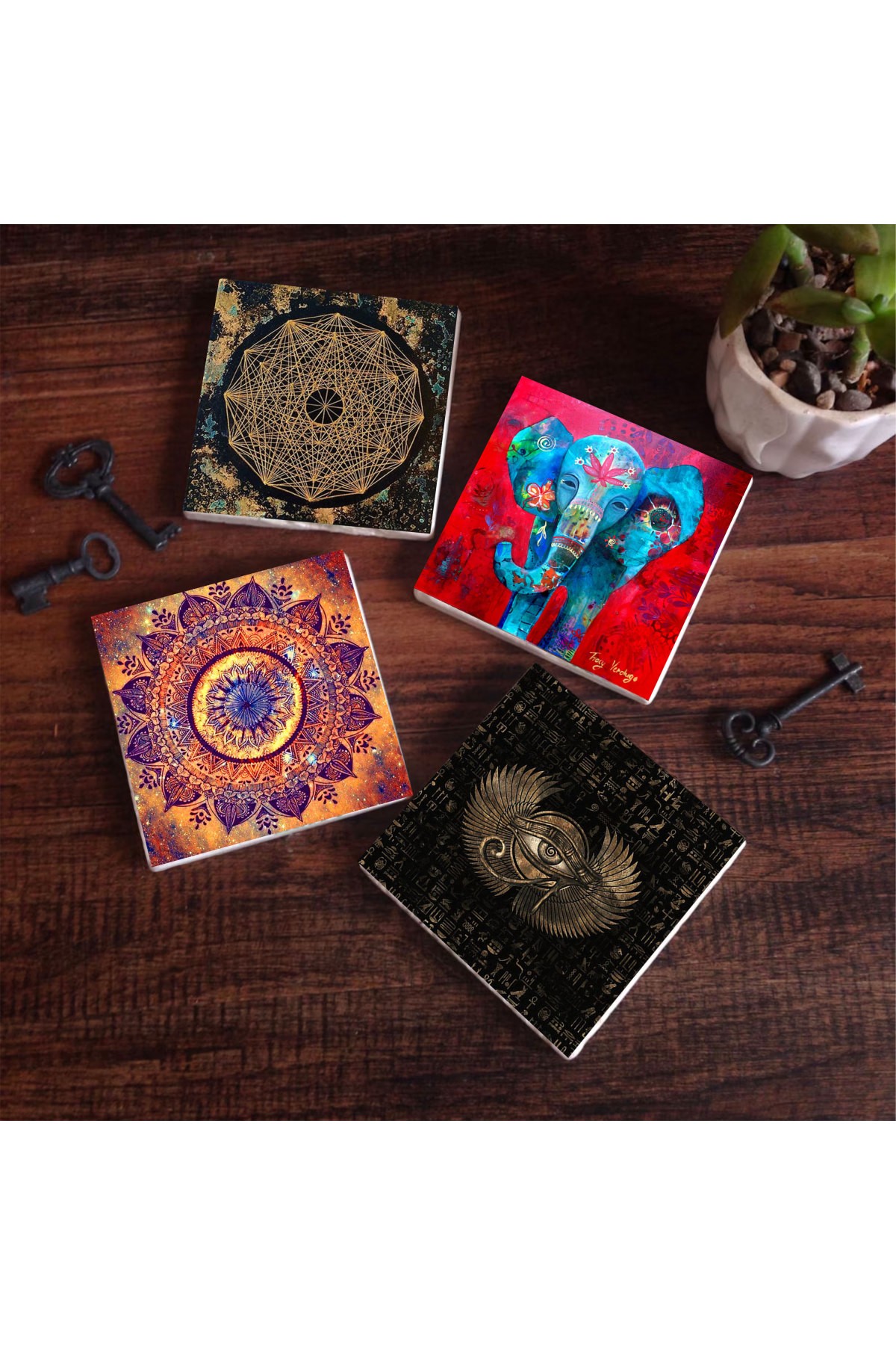 Mandala, Elephant, Eye of Horus, Sri Yantra Stone Coasters Desktop Protective Coasters 4 Piece Set 10x10cm Stone Coasters