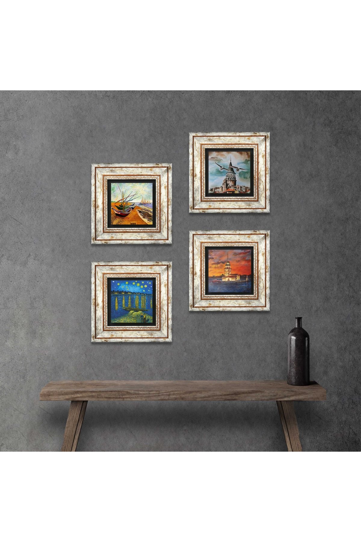 Van Gogh, Istanbul Galata Tower, Maiden's Tower Stone Wall Painting Framed Wall Decor 4 Piece Painting Set Wall Art