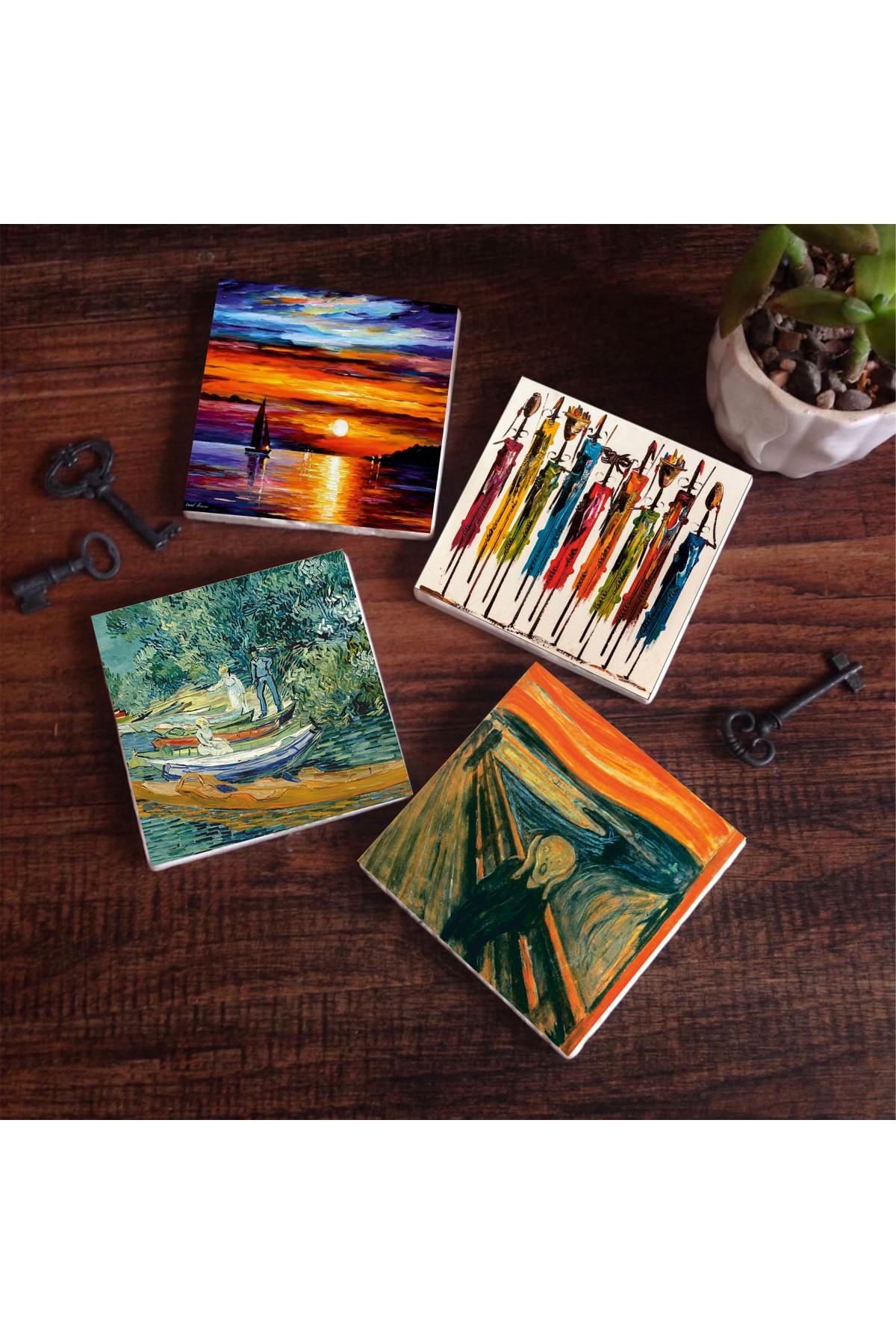 Van Gogh Oise Bank at Auvers, The Scream, Native Women, Seascape Stone Coasters Desktop Protective Coasters 4 Piece Set 10x10cm Stone Coasters