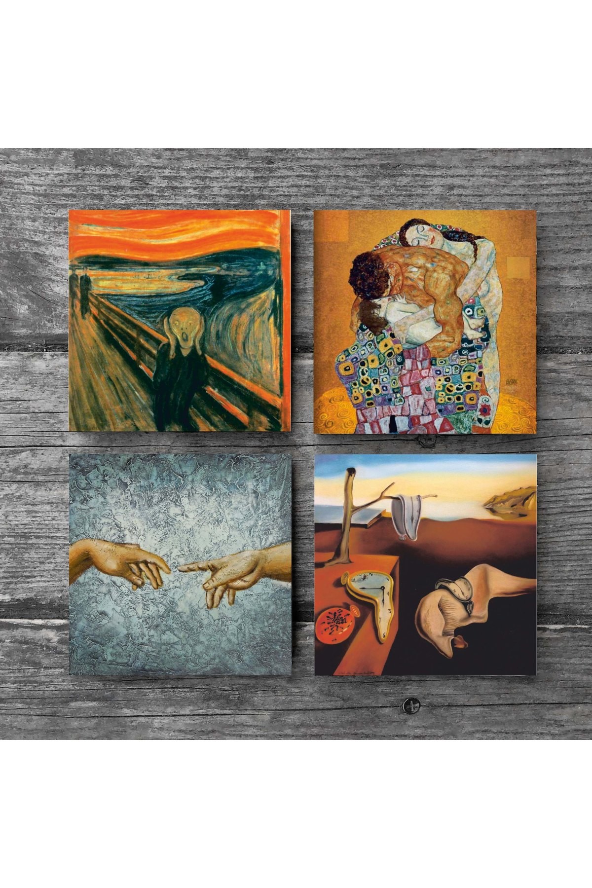 Dalí Belleğin Azmi, Michelangelo, Çığlık, Klimt Aile Kucaklama Taş Bardak Altlığı Masaüstü Koruyucu Altlık 4 Parça Set 10x10cm Stone Coasters