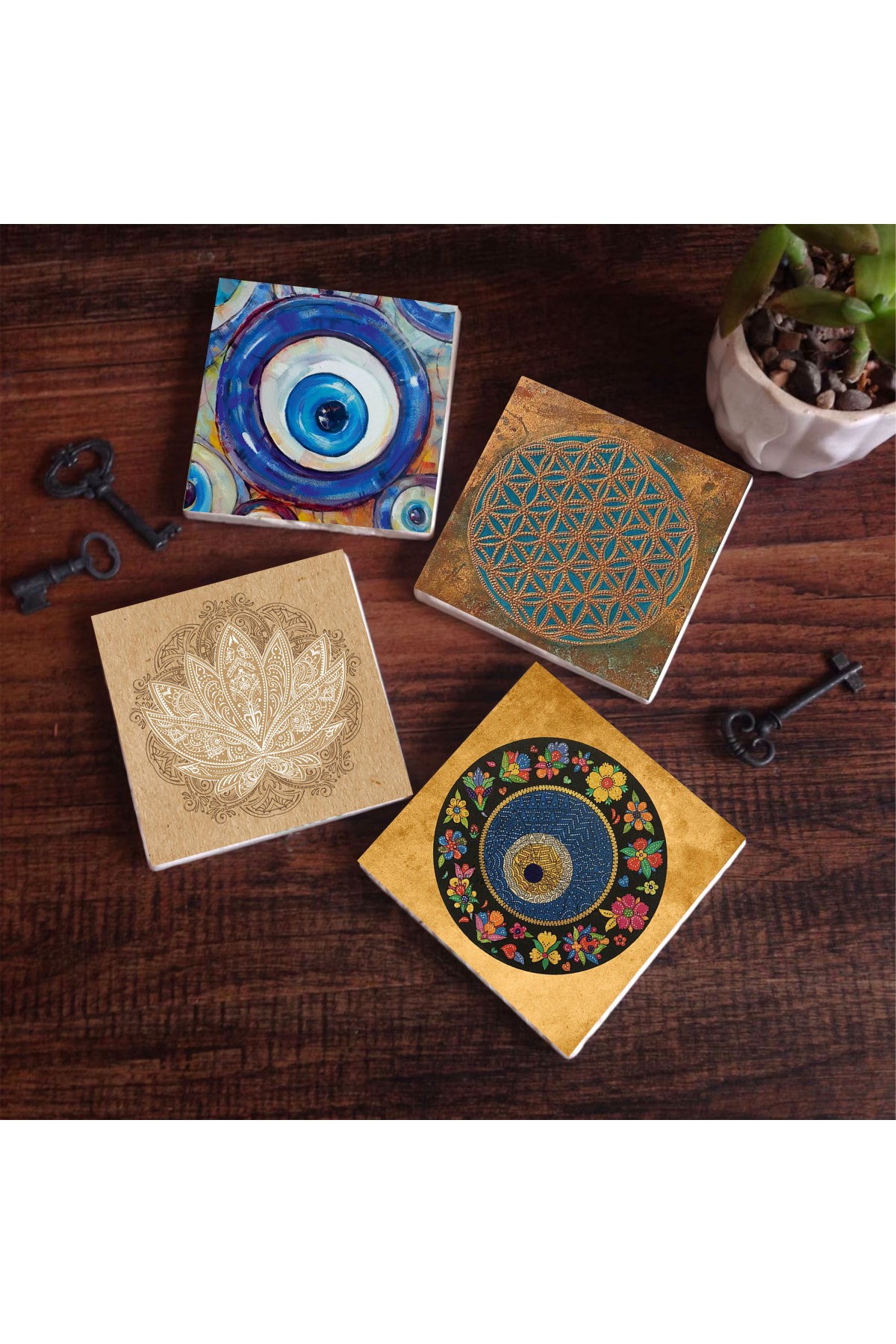 Nazar, Yaşam Çiçeği, Lotus Çiçeği Taş Bardak Altlığı Masaüstü Koruyucu Altlık 4 Parça Set 10x10cm Stone Coasters