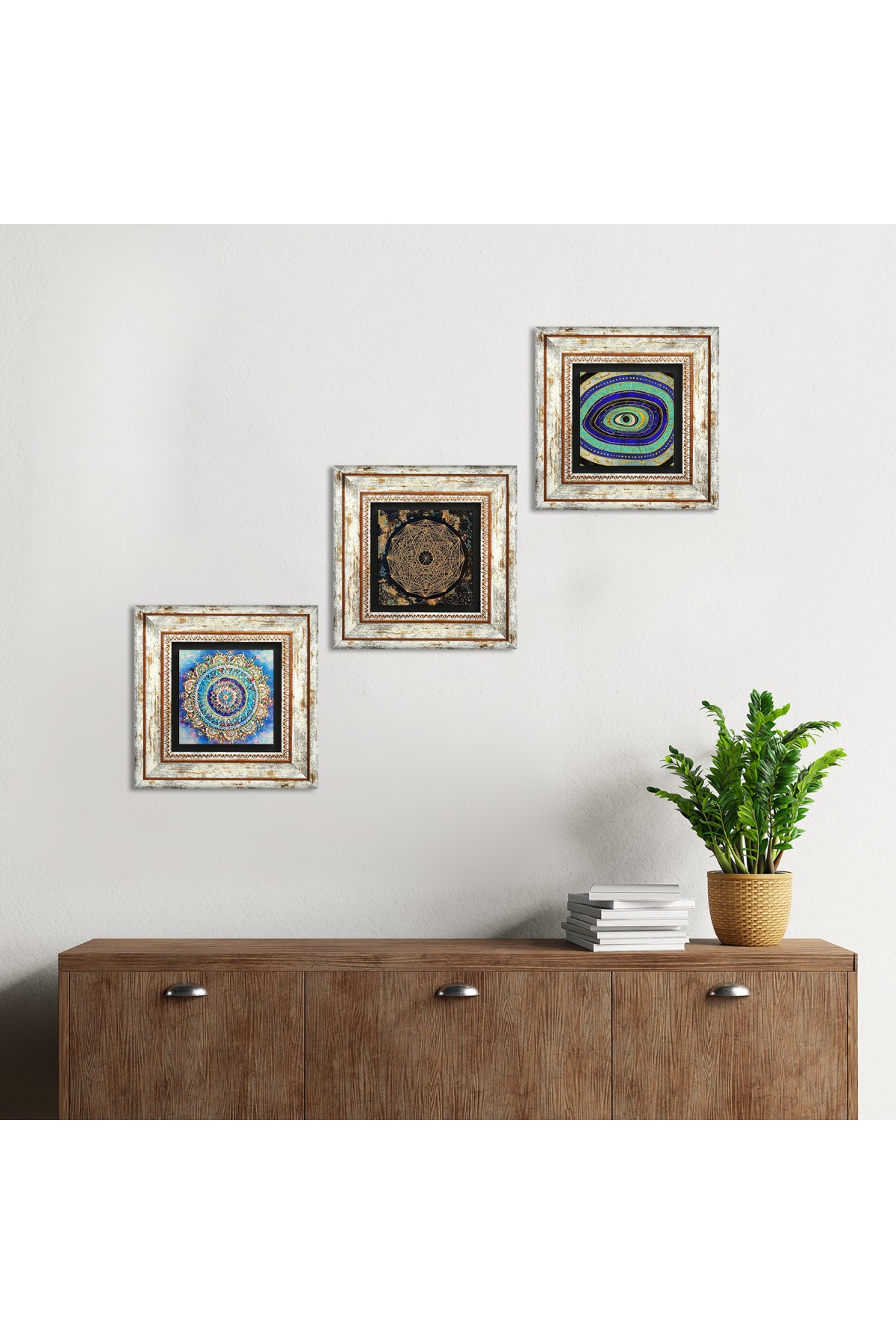 Mandala, Nazar, Sri Yantra Taş Duvar Tablosu Çerçeveli Duvar Dekoru 3 Parça Tablo Seti Wall Art