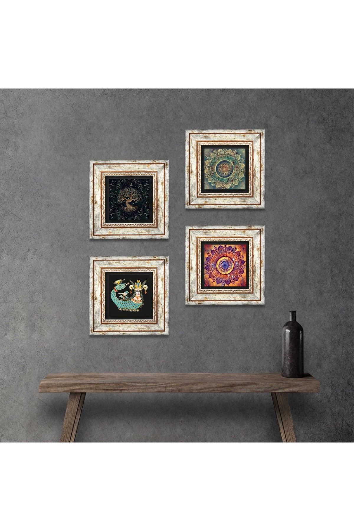 Mandala, Tree of Life, Shahmaran Stone Wall Painting Framed Wall Decor 4 Piece Painting Set Wall Art