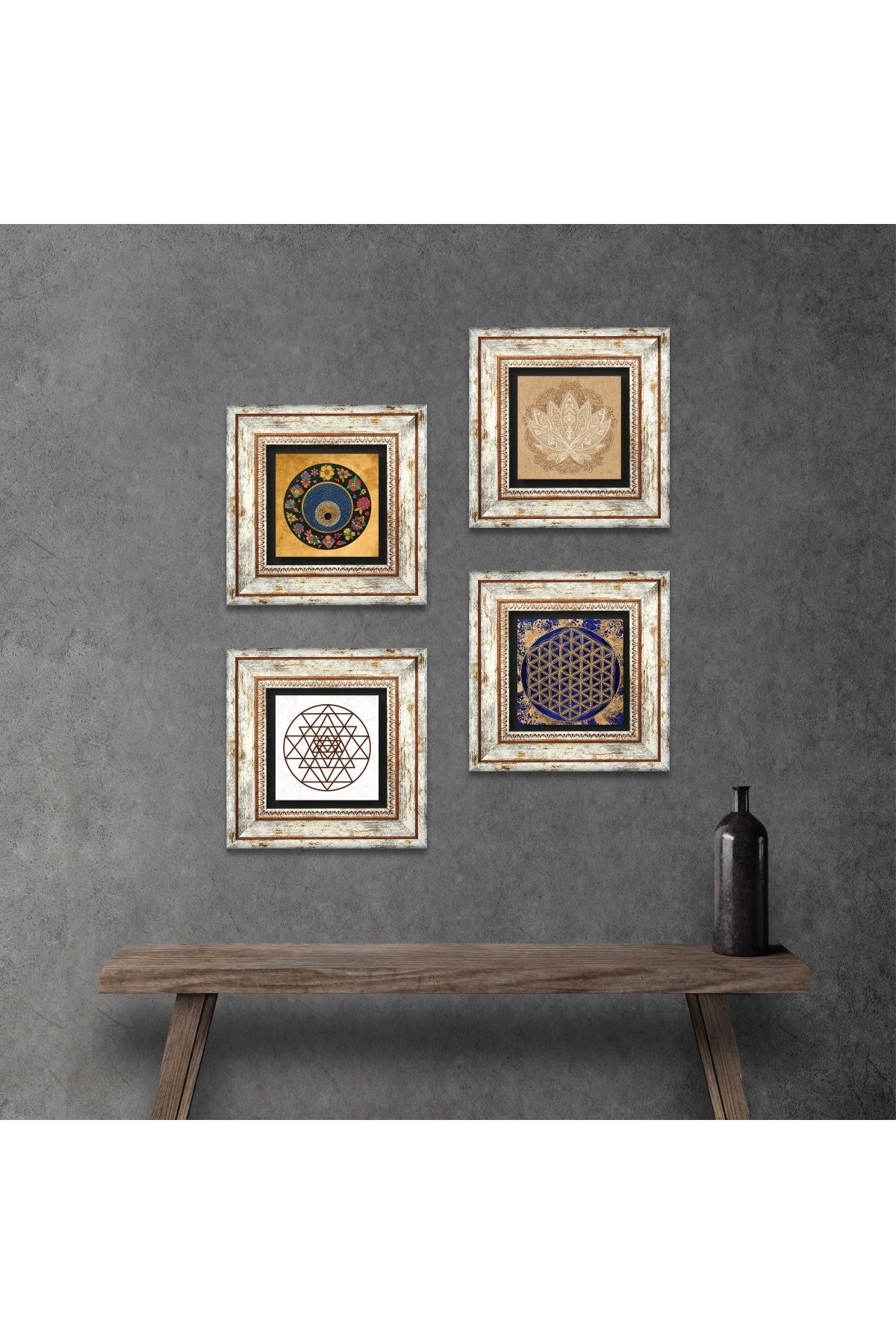 Lotus Çiçeği, Sri Yantra, Yaşam Çiçeği, Nazar Taş Duvar Tablosu Çerçeveli Duvar Dekoru 4 Parça Tablo Seti Wall Art