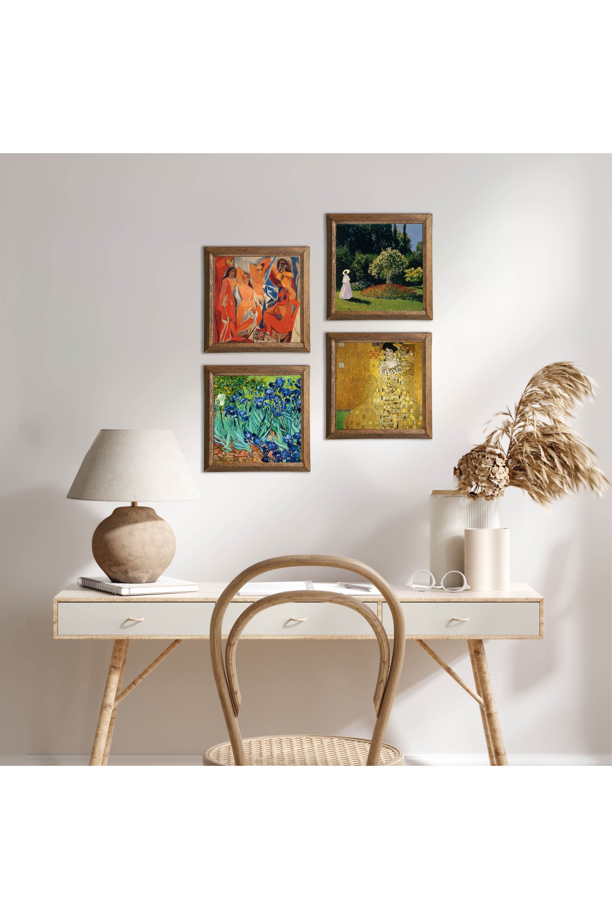 Picasso, Gustav Klimt, Claude Monet, Van Gogh Stone Wall Painting Wood Framed Wall Decor 4 Piece Painting Set Wall Art