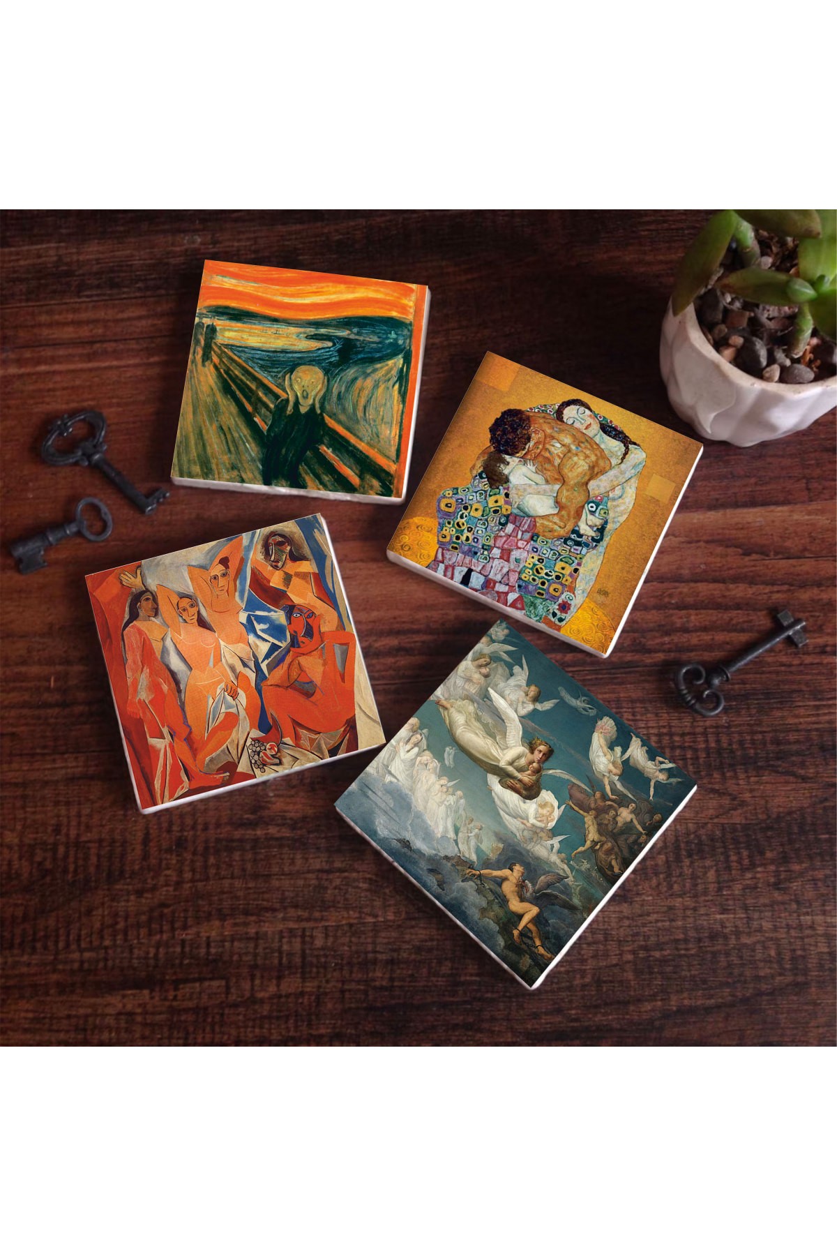 Picasso Avignonlu Kızlar, Çığlık, Klimt Aile Kucaklama, Ruhların Geçişi Taş Bardak Altlığı Masaüstü Koruyucu Altlık 4 Parça Set 10x10cm Stone Coasters