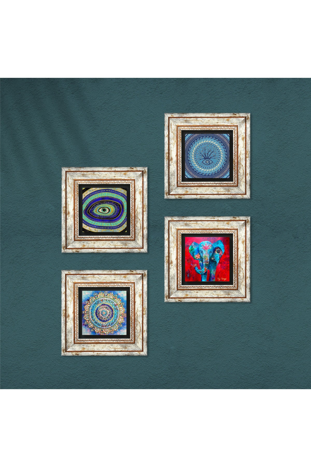 Mandala, Elephant, Evil Eye Stone Wall Painting Framed Wall Decor 4 Piece Painting Set Wall Art