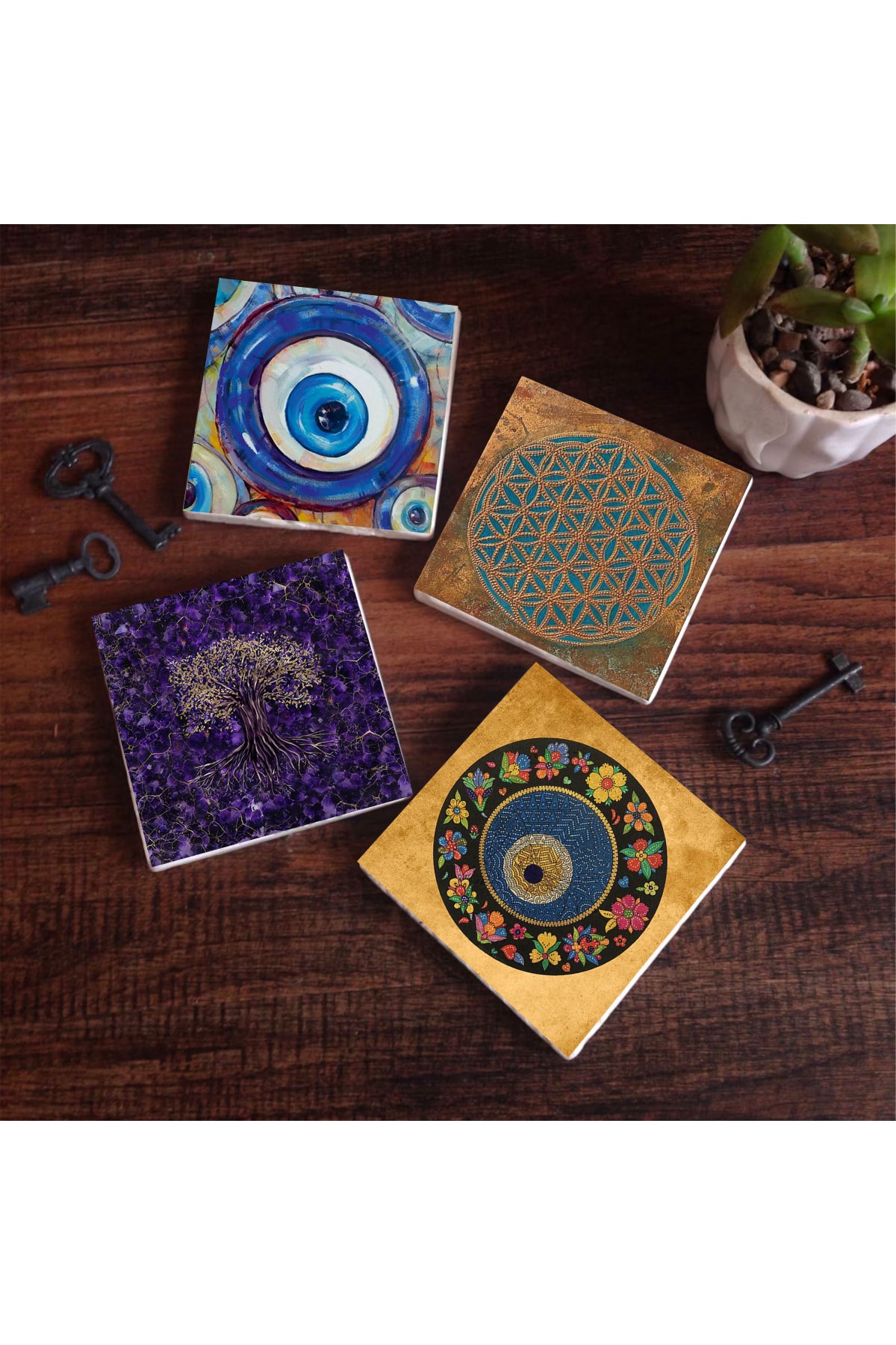 Nazar, Yaşam Çiçeği, Hayat Ağacı Taş Bardak Altlığı Masaüstü Koruyucu Altlık 4 Parça Set 10x10cm Stone Coasters