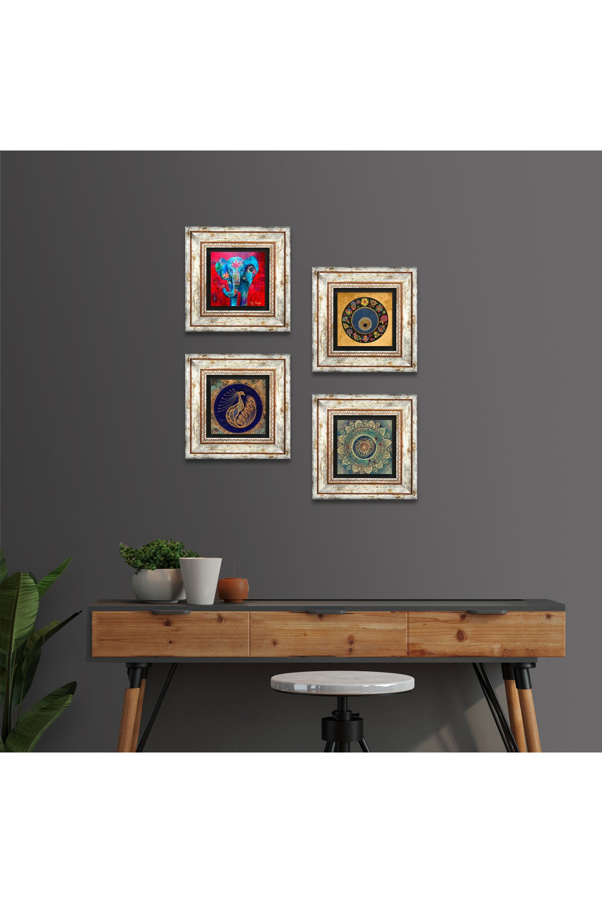 Mandala, Fil, Tavus Kuşu, Nazar Taş Duvar Tablosu Çerçeveli Duvar Dekoru 4 Parça Tablo Seti Wall Art