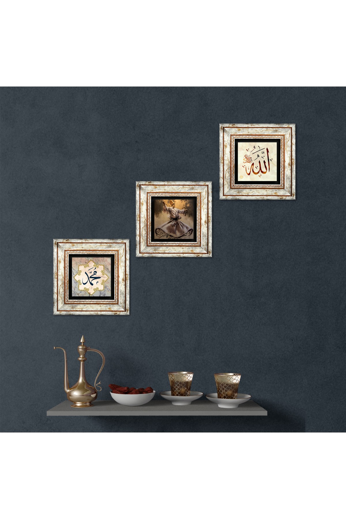 Whirling Dervish, Hz. Word of Muhammad, Word of Allah Stone Wall Painting Framed Wall Decoration 3 Piece Painting Set Wall Art