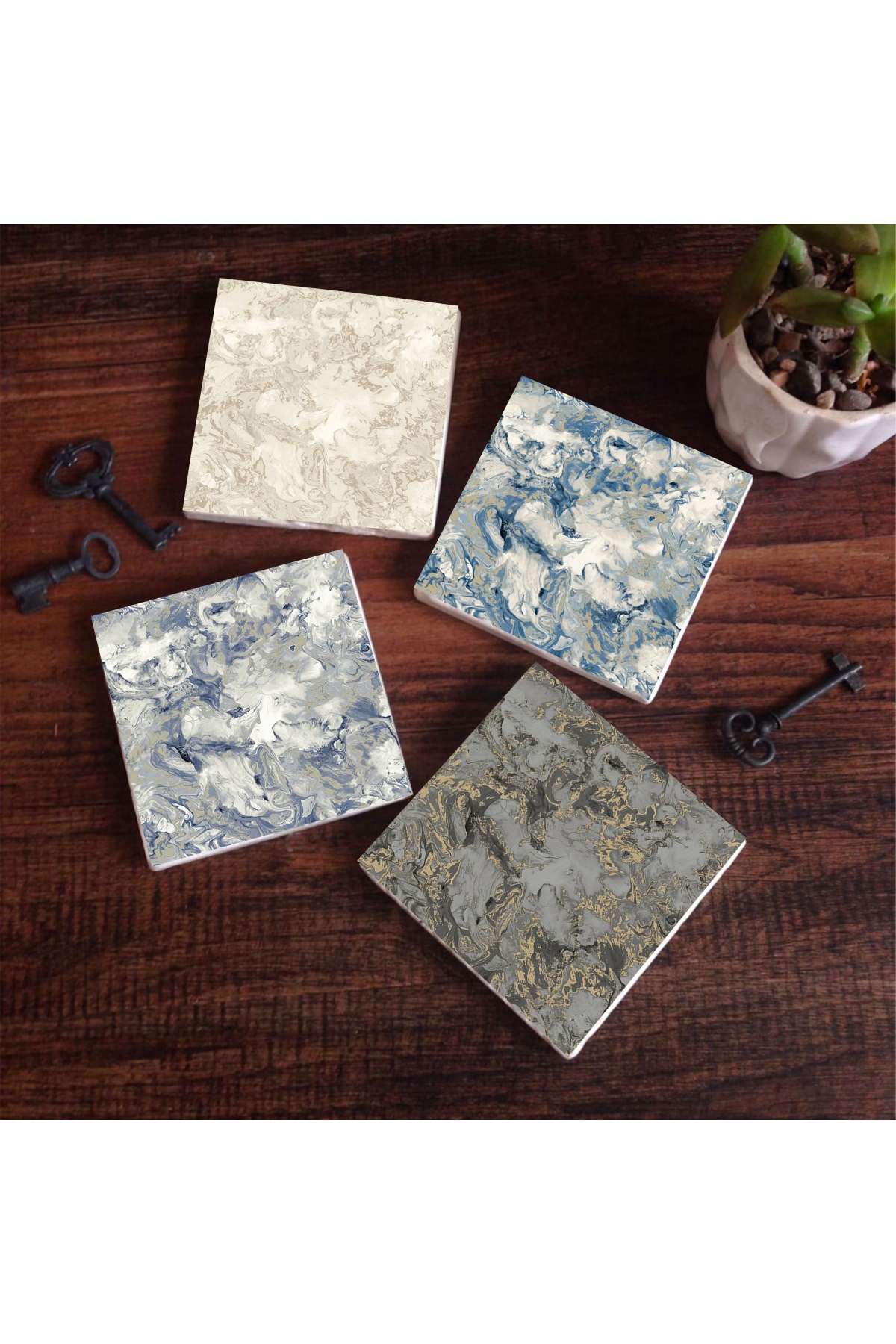 Desen Taş Bardak Altlığı Masaüstü Koruyucu Altlık 4 Parça Set 10x10cm Stone Coasters