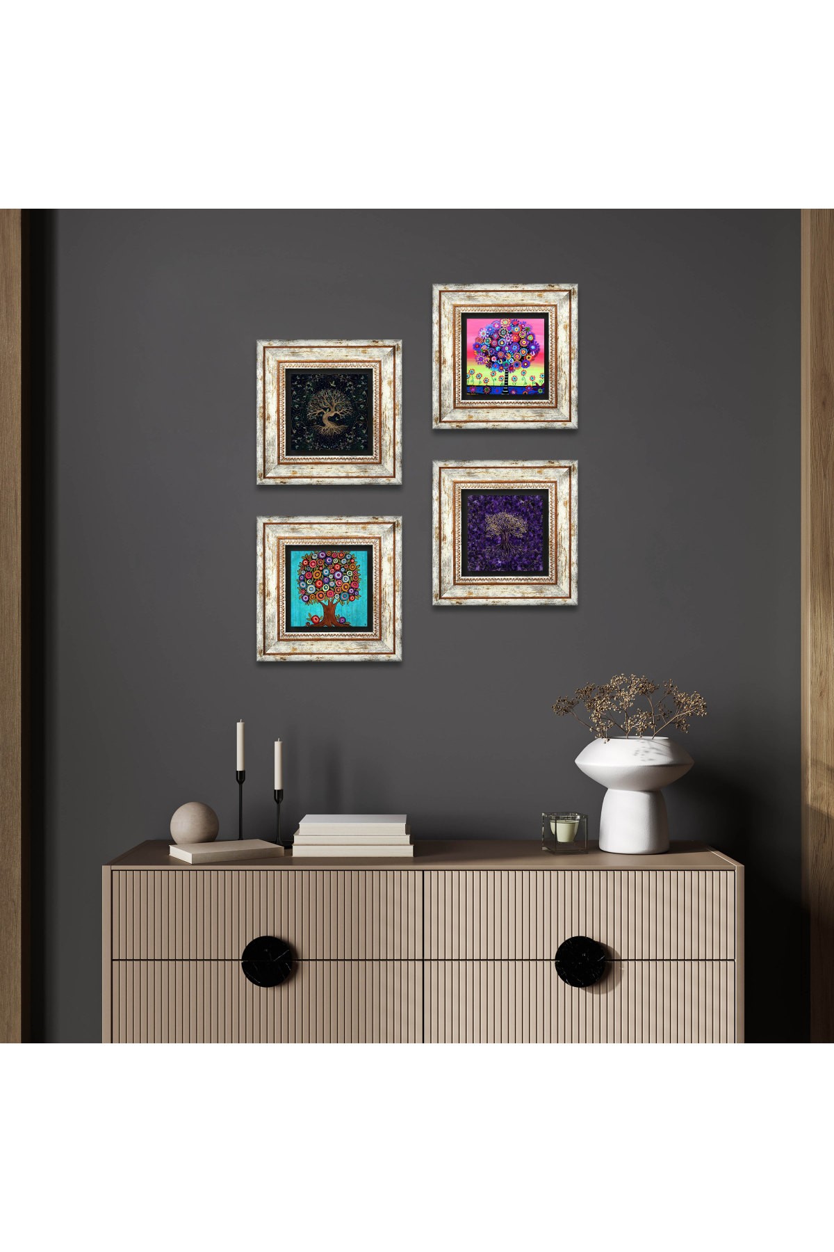 Hayat Ağacı Taş Duvar Tablosu Çerçeveli Duvar Dekoru 4 Parça Tablo Seti Wall Art