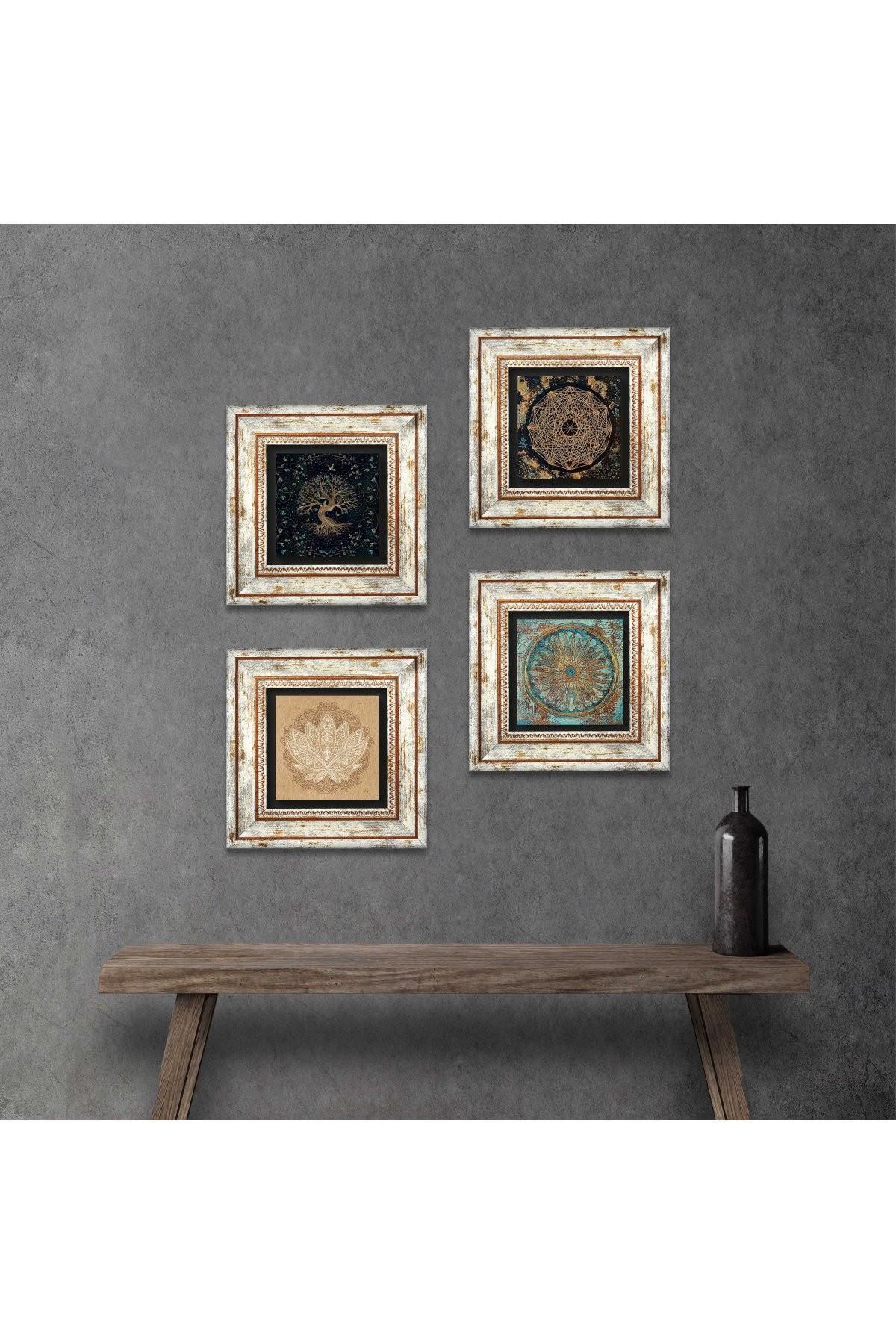 Sri Yantra, Yaşam Çiçeği, Lotus Çiçeği, Hayat Ağacı Taş Duvar Tablosu Çerçeveli Duvar Dekoru 4 Parça Tablo Seti Wall Art