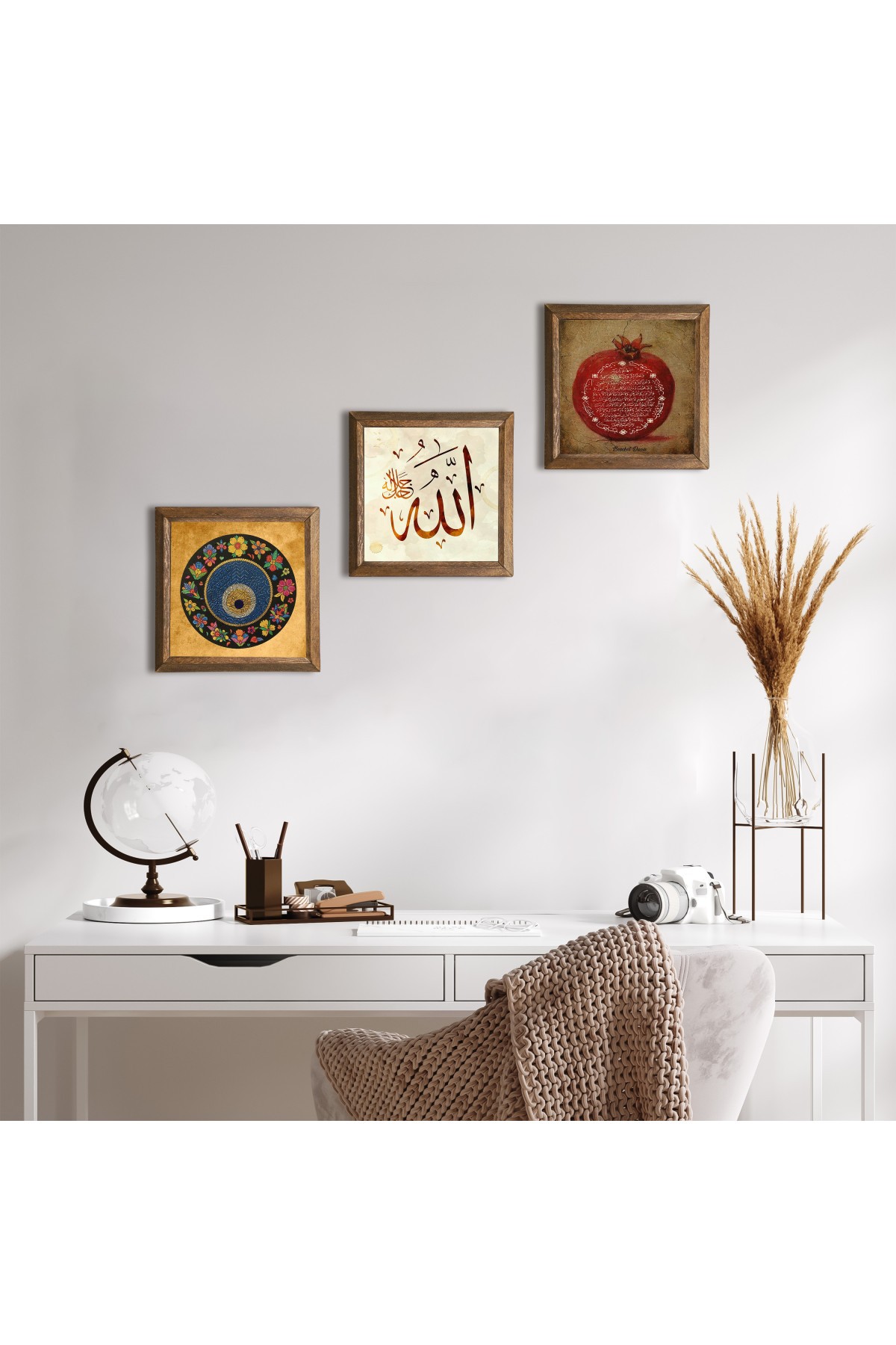 Allah Lafzı, Nazar Boncuğu, Bereket Duası Taş Duvar Tablosu Ahşap Çerçeveli Duvar Dekoru 3 Parça Tablo Seti Wall Art