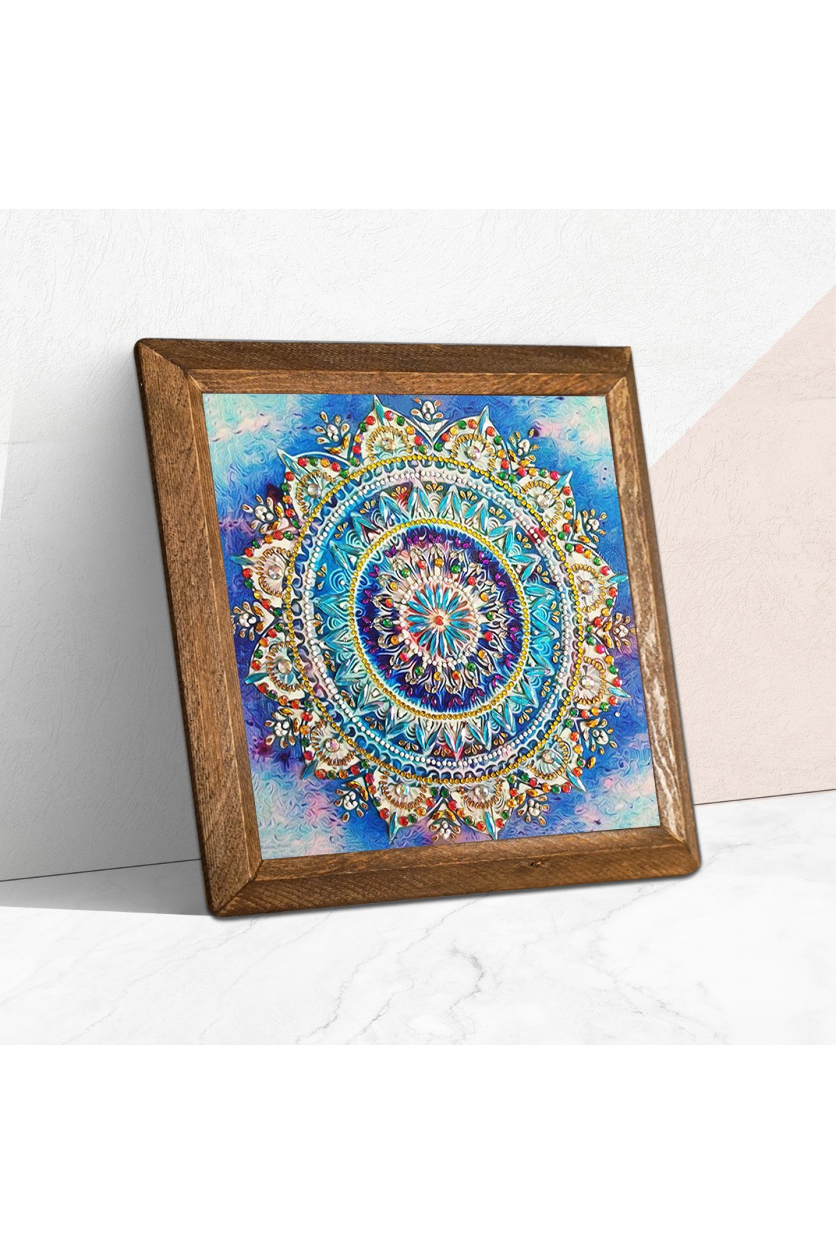 Mandala Taş Duvar Tablosu Ahşap Çerçeveli Duvar Dekoru Wall Art 25x25cm