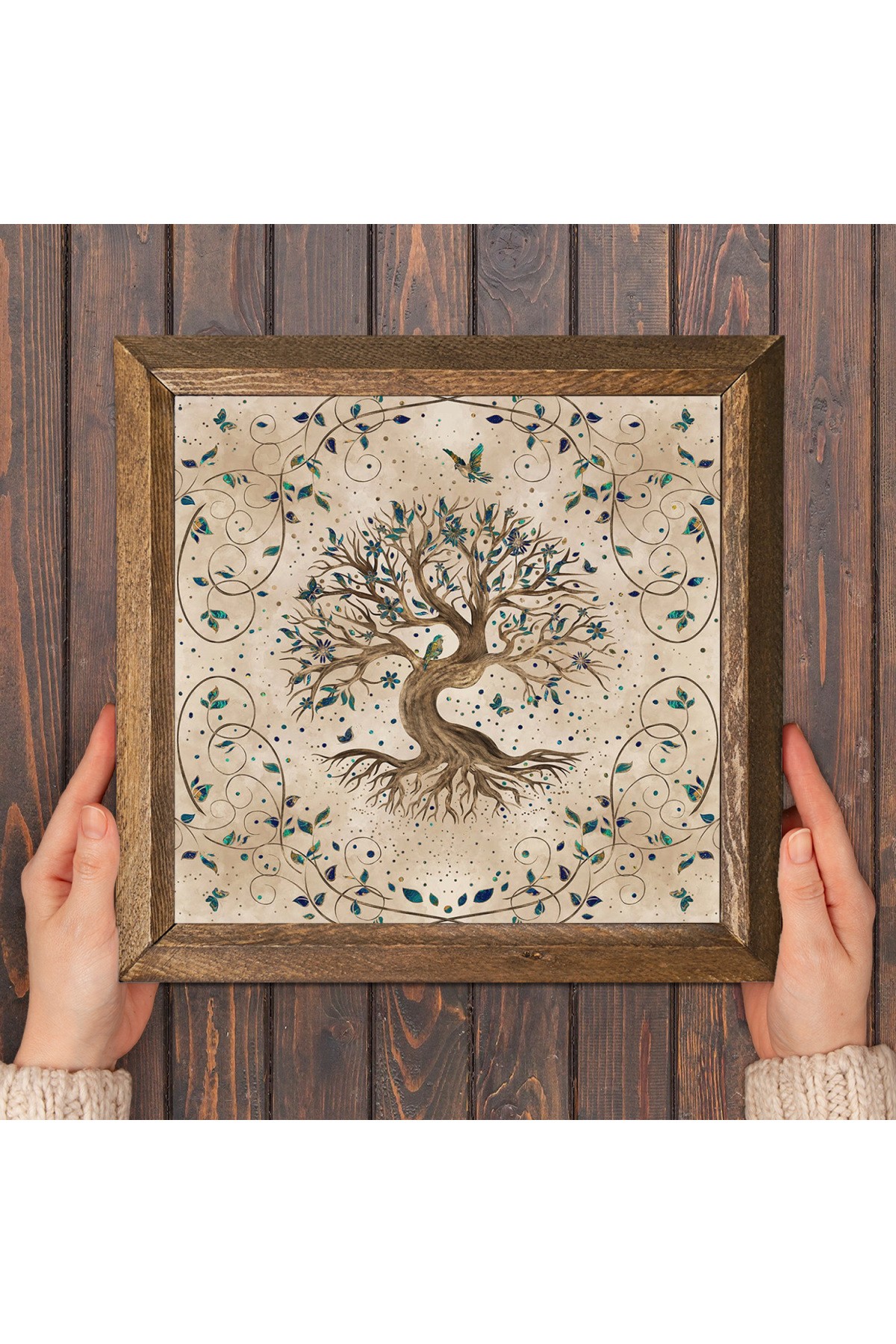 Tree of Life Stone Wall Painting Wooden Framed Wall Decor Wall Art 25x25cm