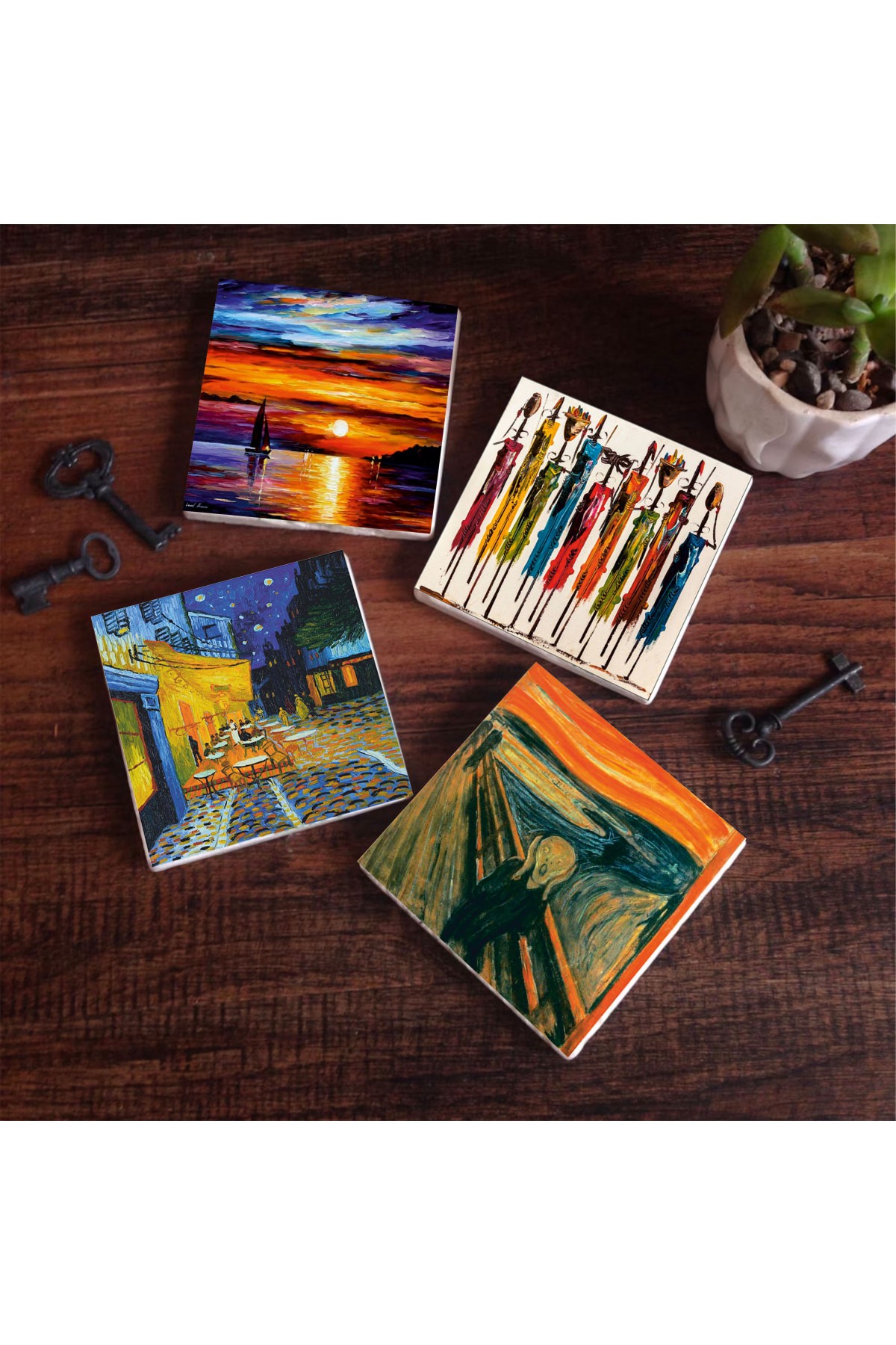 Van Gogh Cafe Terrace Night, Scream, Native Women, Seascape Stone Coasters Desktop Protective Coasters 4 Piece Set 10x10cm Stone Coasters