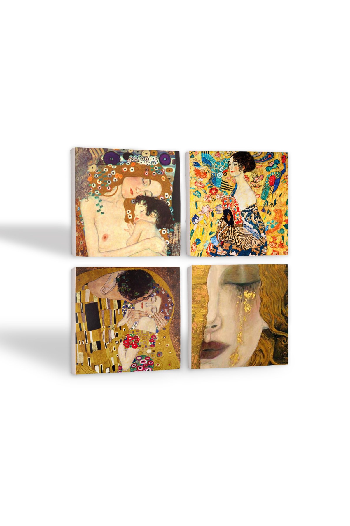 Gustav Klimt Yelpazeli Kadın, Altın Gözyaşları, Anne Çocuk, Öpücük Taş Bardak Altlığı Masaüstü Koruyucu Altlık 4 Parça Set 10x10cm Stone Coasters