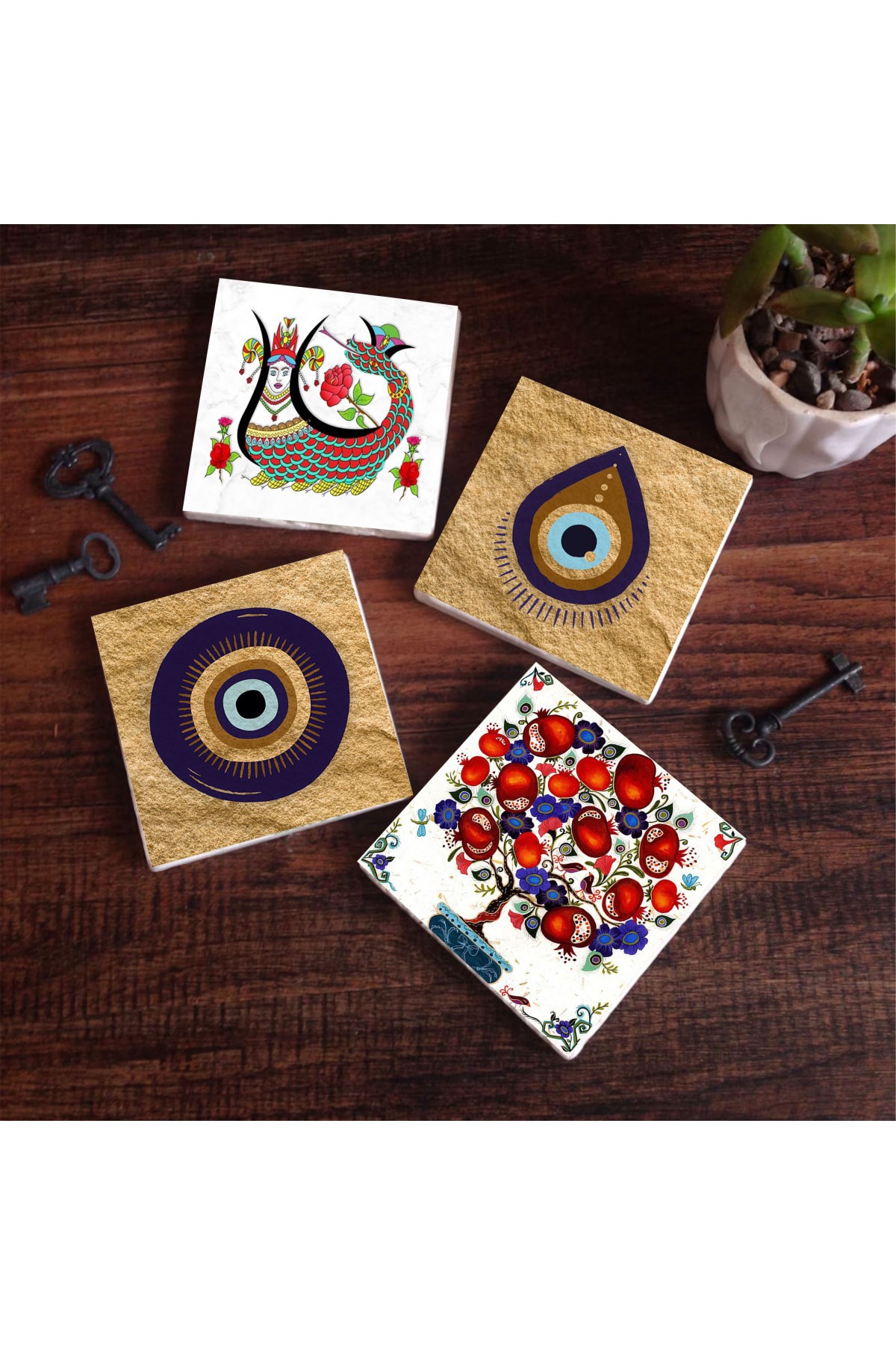 Evil Eye, Shahmaran, Pomegranate Tree Stone Coasters Desktop Protective Coasters 4 Piece Set 10x10cm Stone Coasters