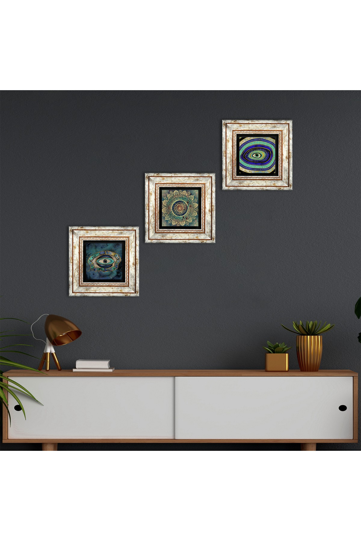 Mandala, Nazar Taş Duvar Tablosu Çerçeveli Duvar Dekoru 3 Parça Tablo Seti Wall Art