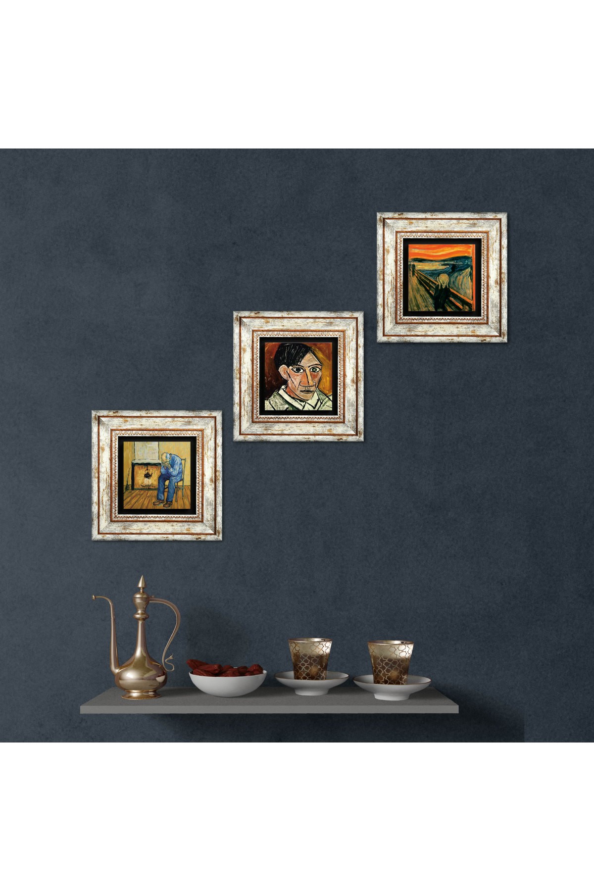 Picasso Otoportre, Van Gogh Sonsuzluğun Eşiğinde, Çığlık Taş Duvar Tablosu Çerçeveli Duvar Dekoru 3 Parça Tablo Seti Wall Art