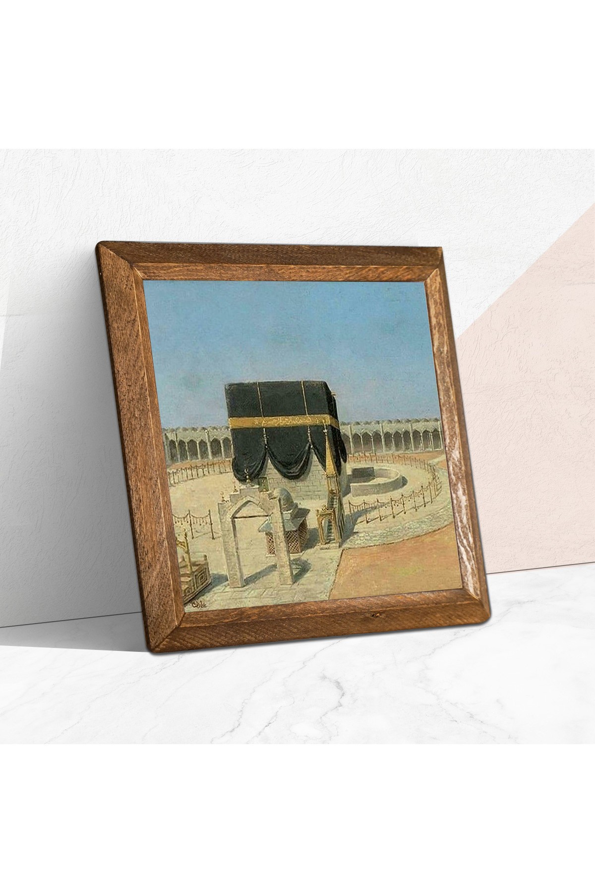 لوحة جدارية حجرية رائعة من Kaaba-i بإطار خشبي لتزيين الحائط مقاس 25 × 25 سم