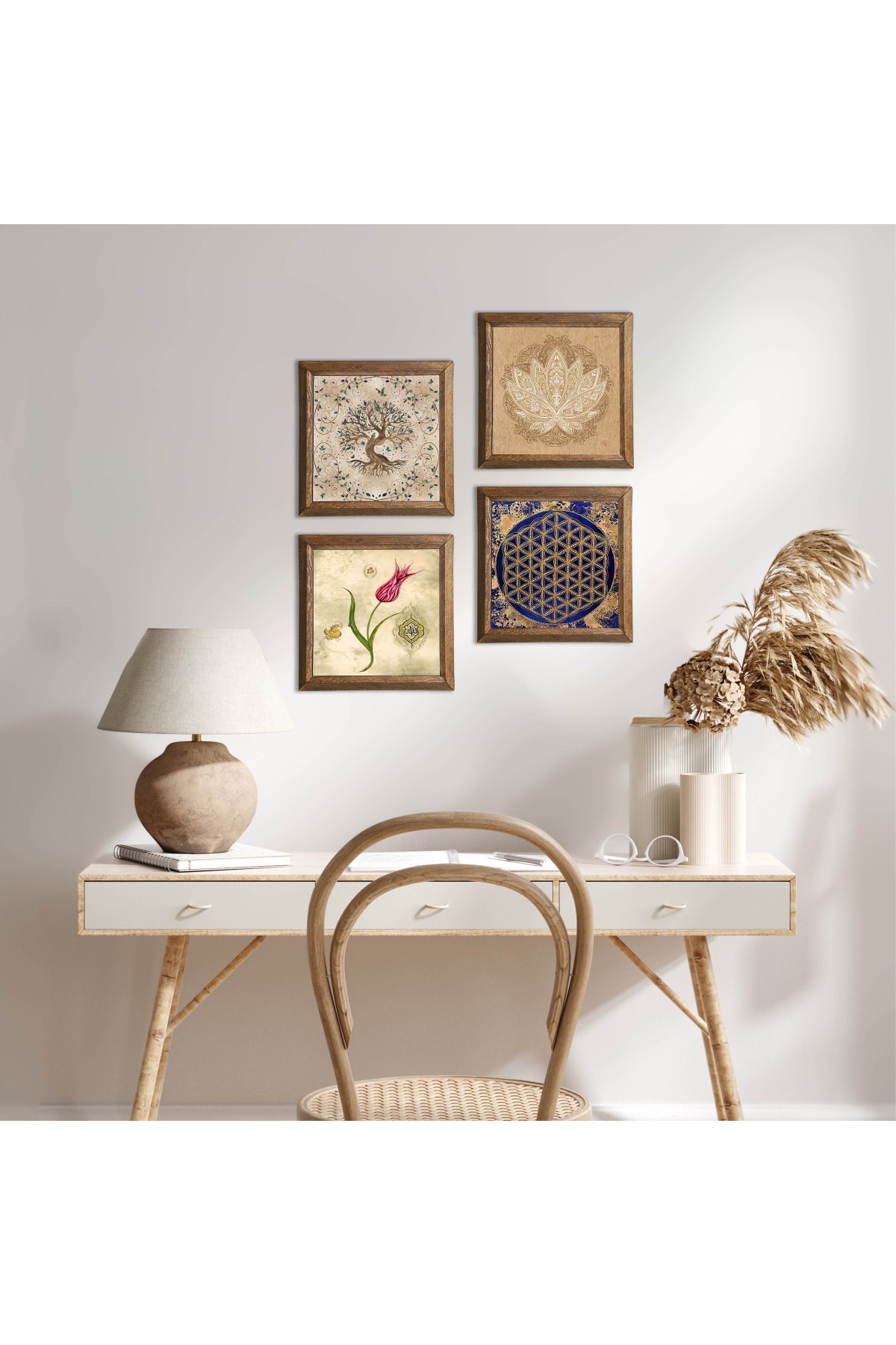 Lotus Çiçeği, Yaşam Çiçeği, Lale, Hayat Ağacı Taş Duvar Tablosu Ahşap Çerçeveli Duvar Dekoru 4 Parça Tablo Seti Wall Art