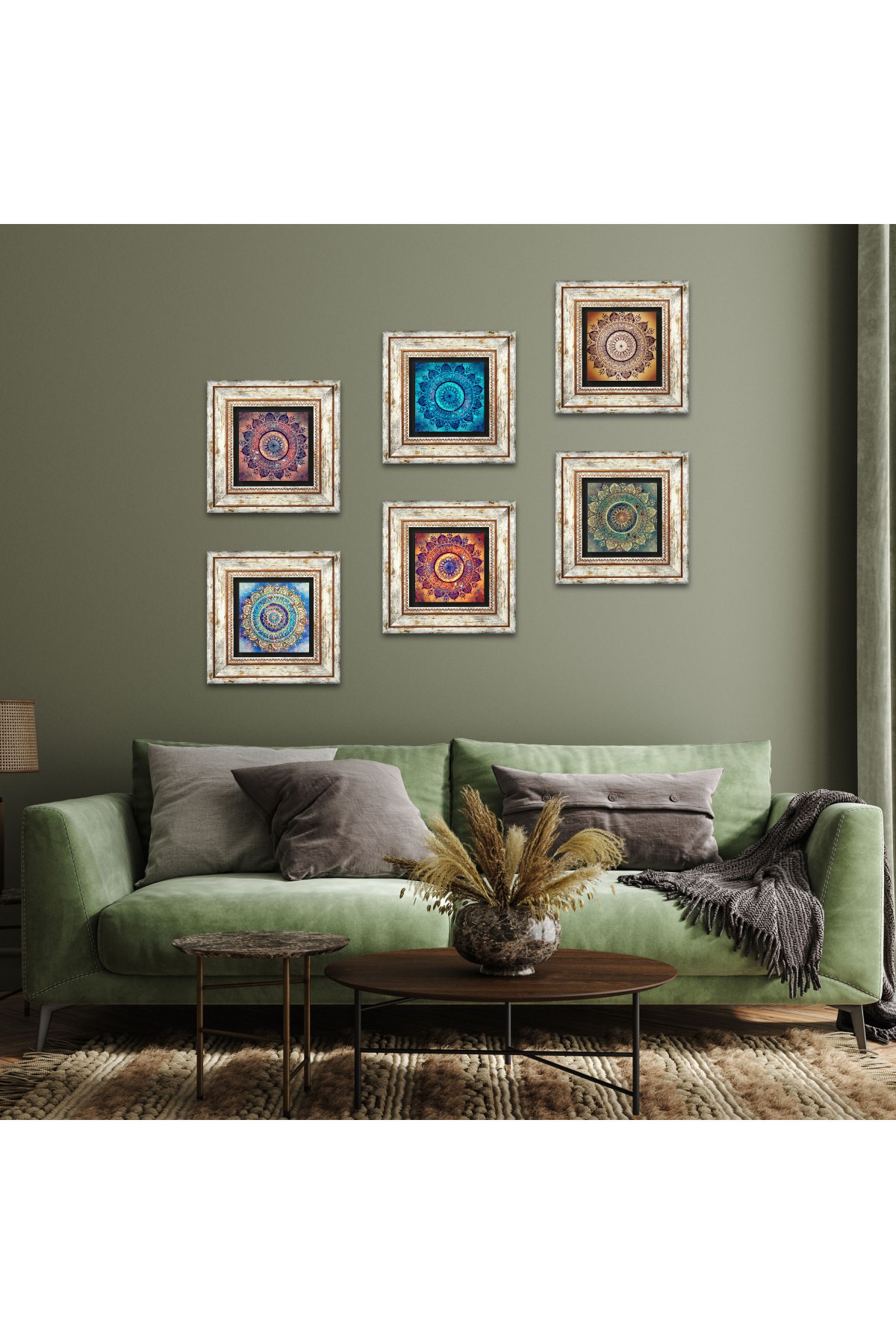 Mandala Taş Duvar Tablosu Çerçeveli Duvar Dekoru 6 Parça Tablo Seti Wall Art