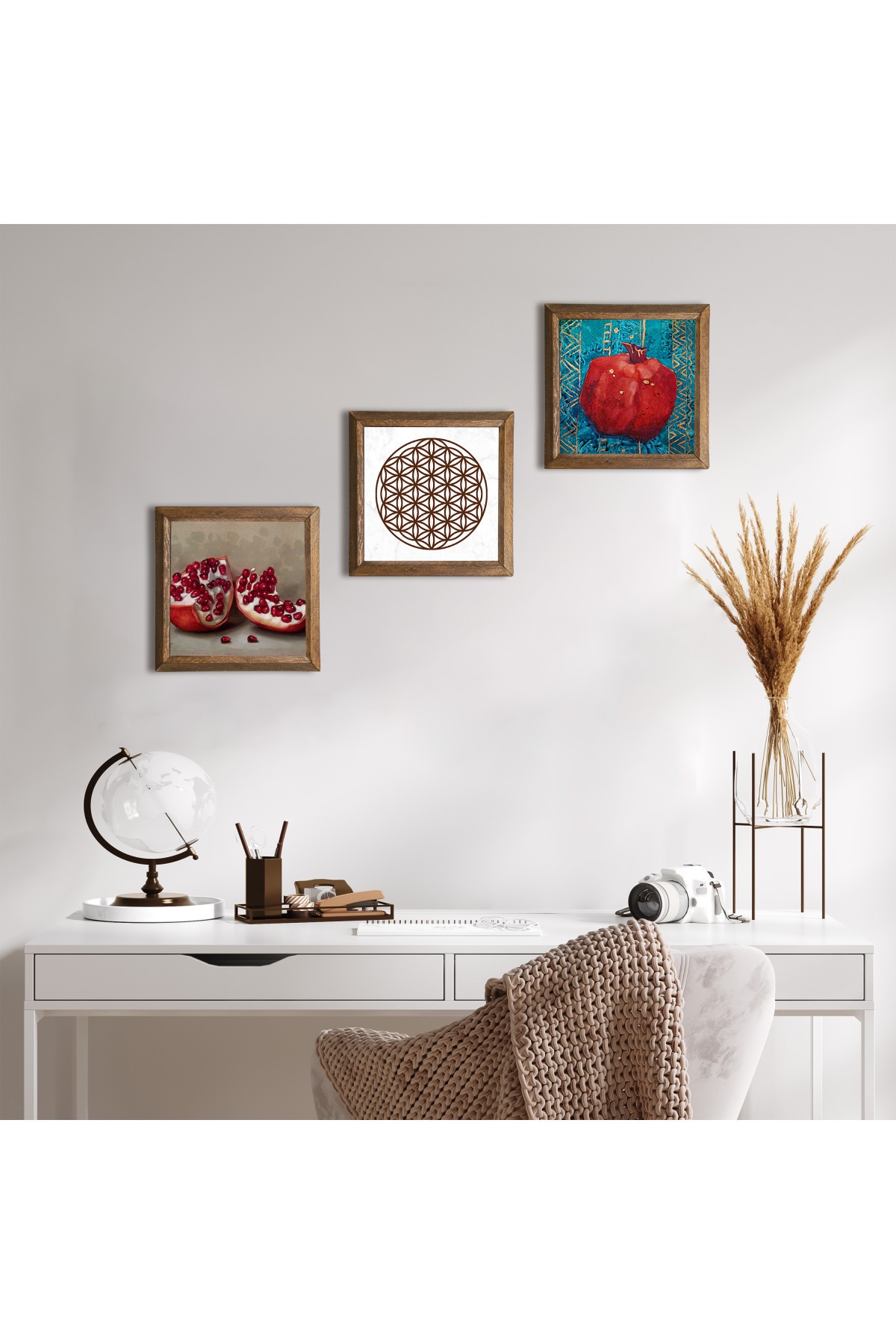 Yaşam Çiçeği, Nar Taş Duvar Tablosu Ahşap Çerçeveli Duvar Dekoru 3 Parça Tablo Seti Wall Art