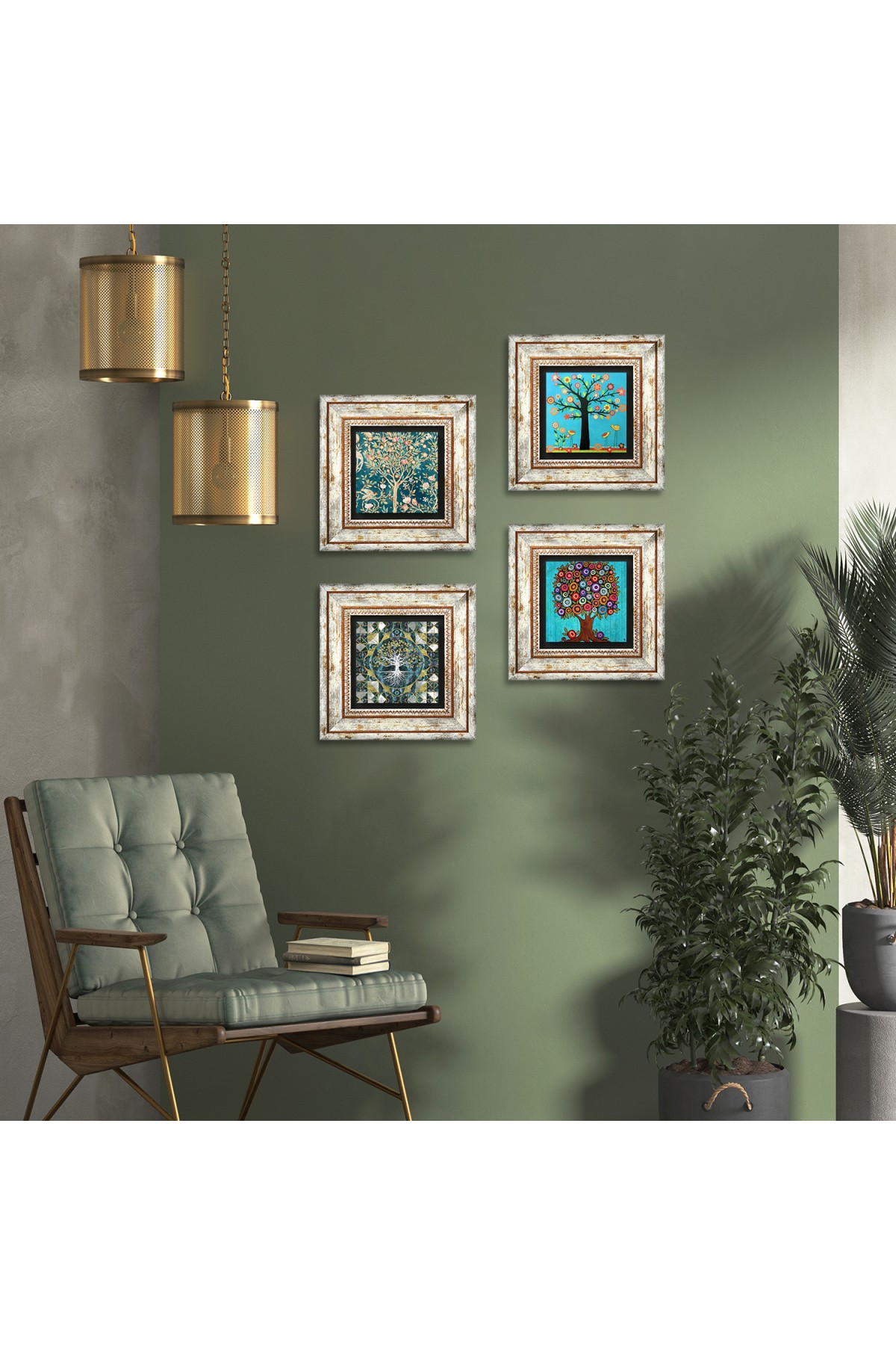 Hayat Ağacı Taş Duvar Tablosu Çerçeveli Duvar Dekoru 4 Parça Tablo Seti Wall Art