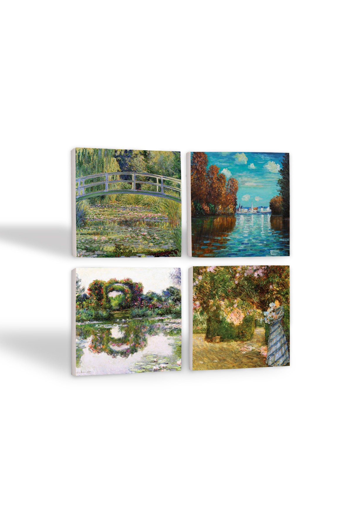 Claude Monet Sonbahar, Bahçede, Gül Çiçekli Kemer, Nilüfer Gölü Taş Bardak Altlığı Masaüstü Koruyucu Altlık 4 Parça Set 10x10cm Stone Coasters