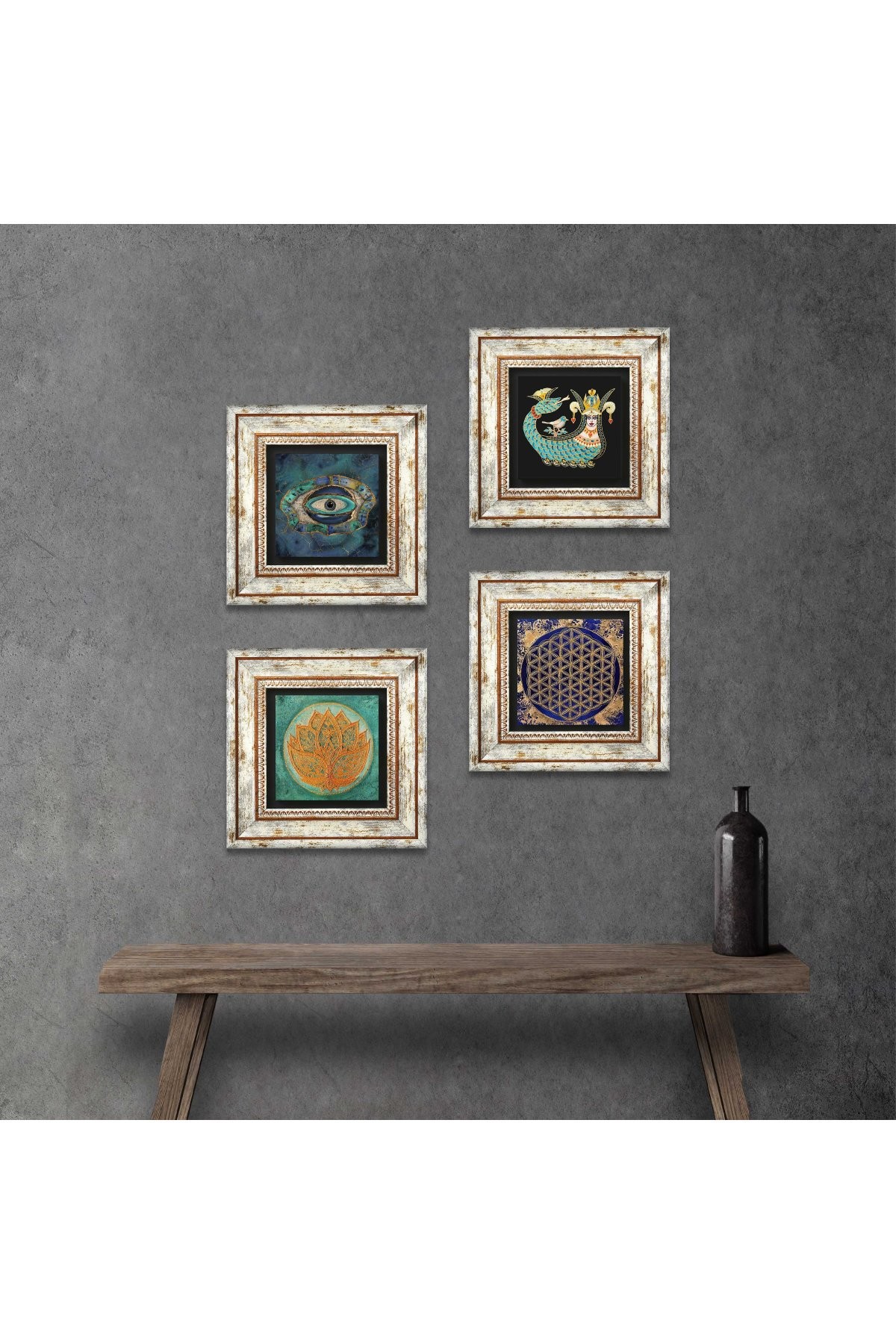 Evil Eye, Lotus Flower, Flower of Life, Shahmaran Stone Wall Painting Framed Wall Decor 4 Piece Painting Set Wall Art