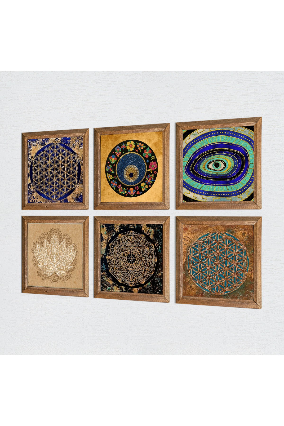 Sri Yantra, Lotus Çiçeği, Yaşam Çiçeği, Nazar Taş Duvar Tablosu Ahşap Çerçeveli Duvar Dekoru 6 Parça Tablo Seti Wall Art