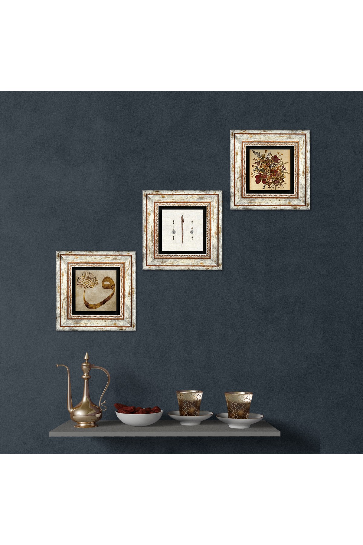 Vintage Flower, Vav, Elif Stone Wall Painting Framed Wall Decor 3 Piece Painting Set Wall Art