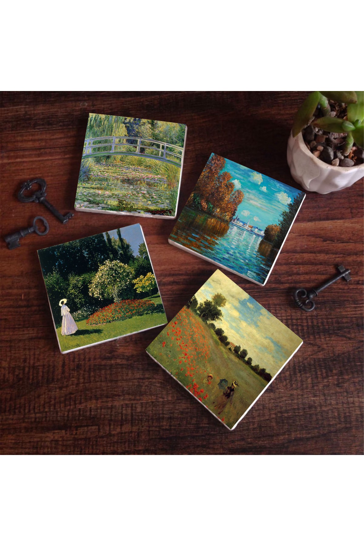 Claude Monet Sonbahar, Bahçedeki Kadın, Gelincikler, Nilüfer Gölü Taş Bardak Altlığı Masaüstü Koruyucu Altlık 4 Parça Set 10x10cm Stone Coasters