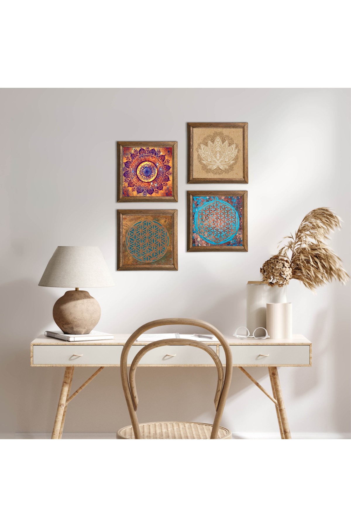 Mandala, Flower of Life, Lotus Flower Stone Wall Painting Wooden Framed Wall Decor 4 Piece Painting Set Wall Art