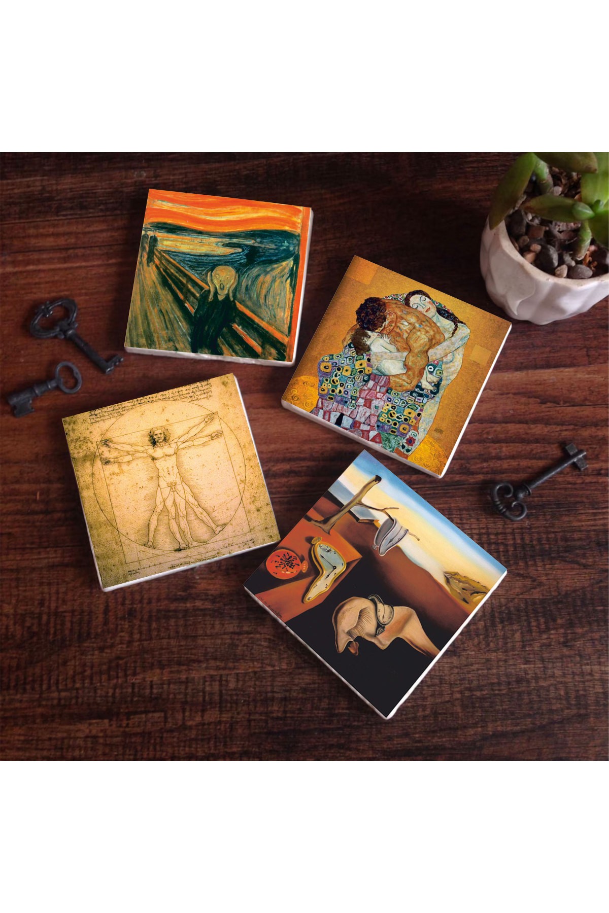 Dalí The Persistence of Memory, The Scream, Gustav Klimt Family Embrace, Da Vinci Vitruvian Man Stone Coasters Desktop Protective Coaster 4 Piece Set 10x10cm Stone Coasters