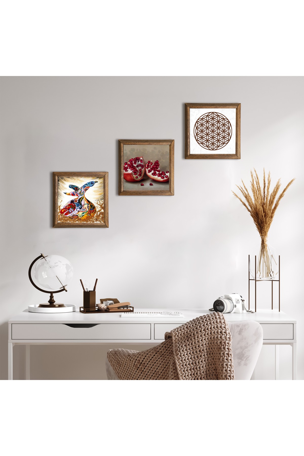 Yaşam Çiçeği, Semazen, Nar Taş Duvar Tablosu Ahşap Çerçeveli Duvar Dekoru 3 Parça Tablo Seti Wall Art