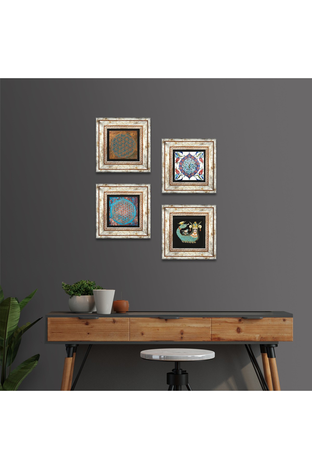 Flower of Life, Tile Art, Shahmaran Stone Wall Painting Framed Wall Decor 4 Piece Painting Set Wall Art