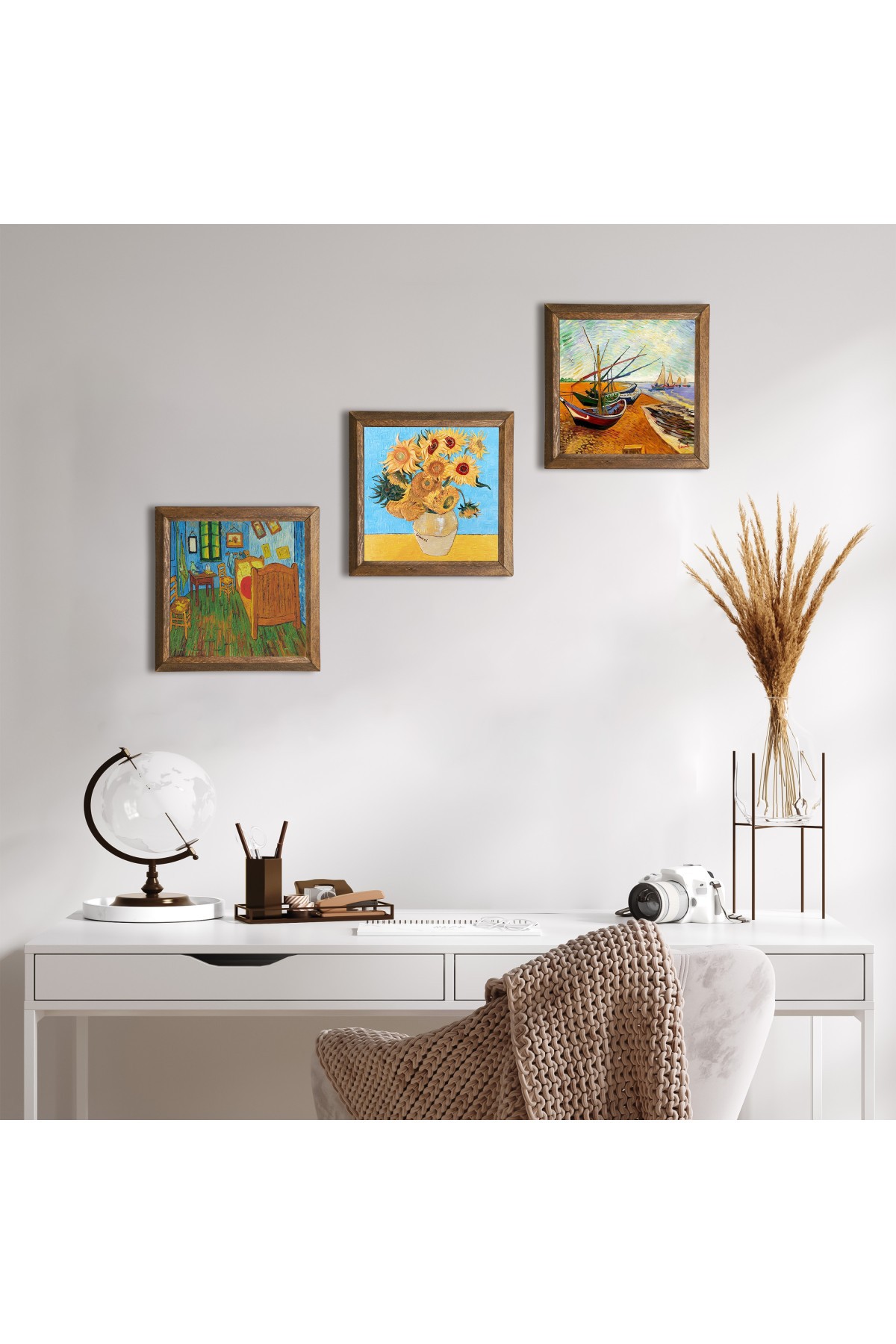 Van Gogh Taş Duvar Tablosu Ahşap Çerçeveli Duvar Dekoru 3 Parça Tablo Seti Wall Art