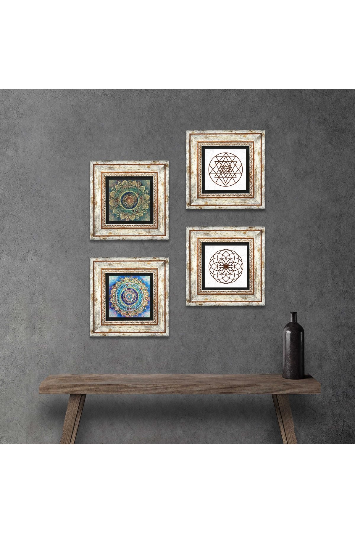 Mandala, Yaşam Çiçeği, Sri Yantra Taş Duvar Tablosu Çerçeveli Duvar Dekoru 4 Parça Tablo Seti Wall Art