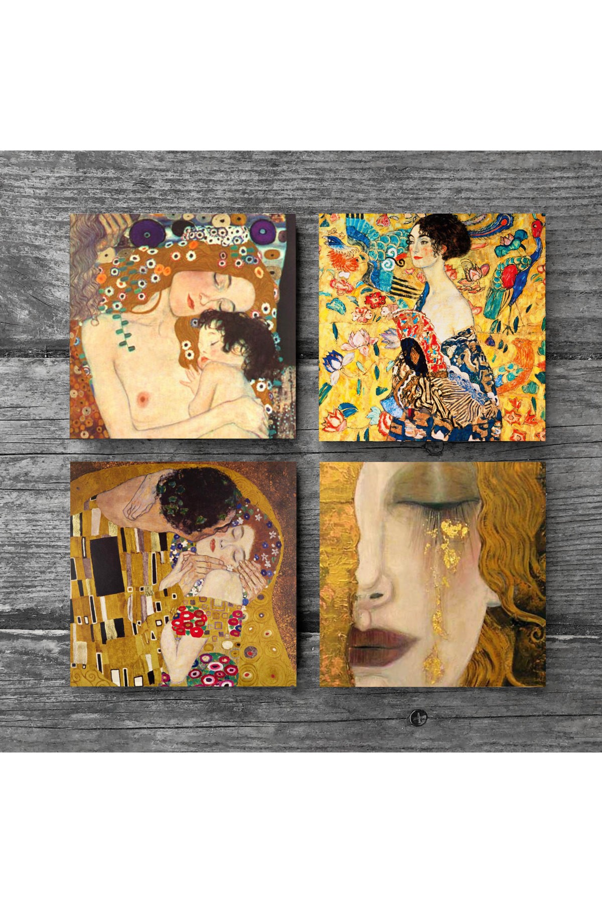 Gustav Klimt Yelpazeli Kadın, Altın Gözyaşları, Anne Çocuk, Öpücük Taş Bardak Altlığı Masaüstü Koruyucu Altlık 4 Parça Set 10x10cm Stone Coasters