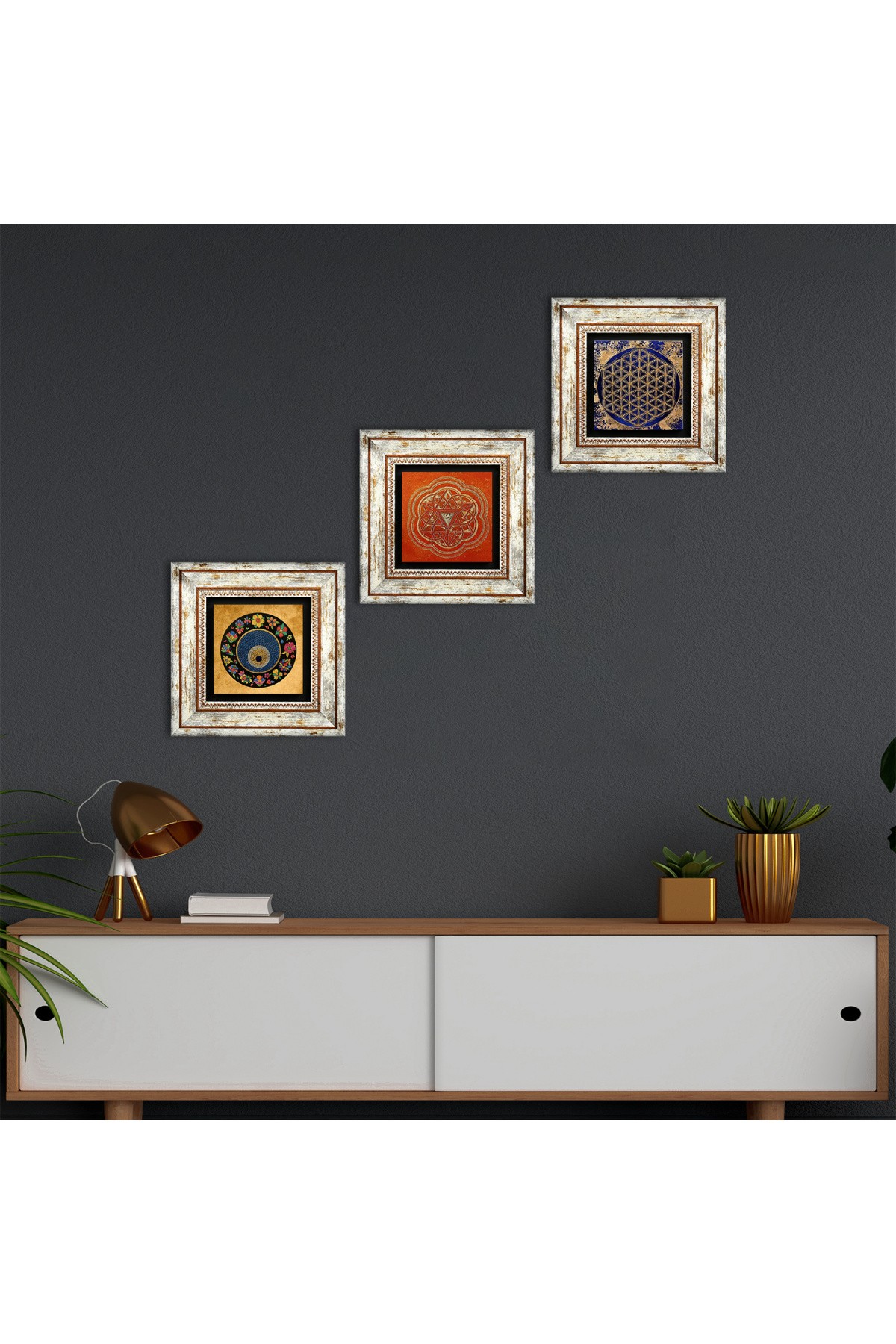 Yaşam Çiçeği, Sri Yantra, Nazar Boncuğu Taş Duvar Tablosu Çerçeveli Duvar Dekoru 3 Parça Tablo Seti Wall Art