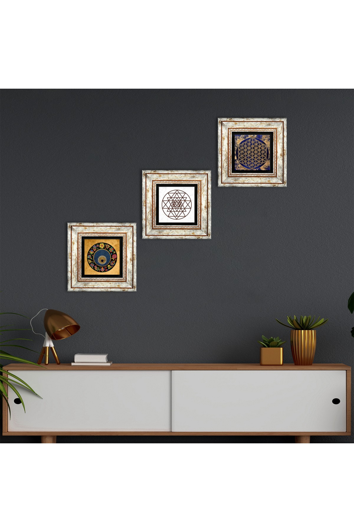 Sri Yantra, Yaşam Çiçeği, Nazar Boncuğu Taş Duvar Tablosu Çerçeveli Duvar Dekoru 3 Parça Tablo Seti Wall Art