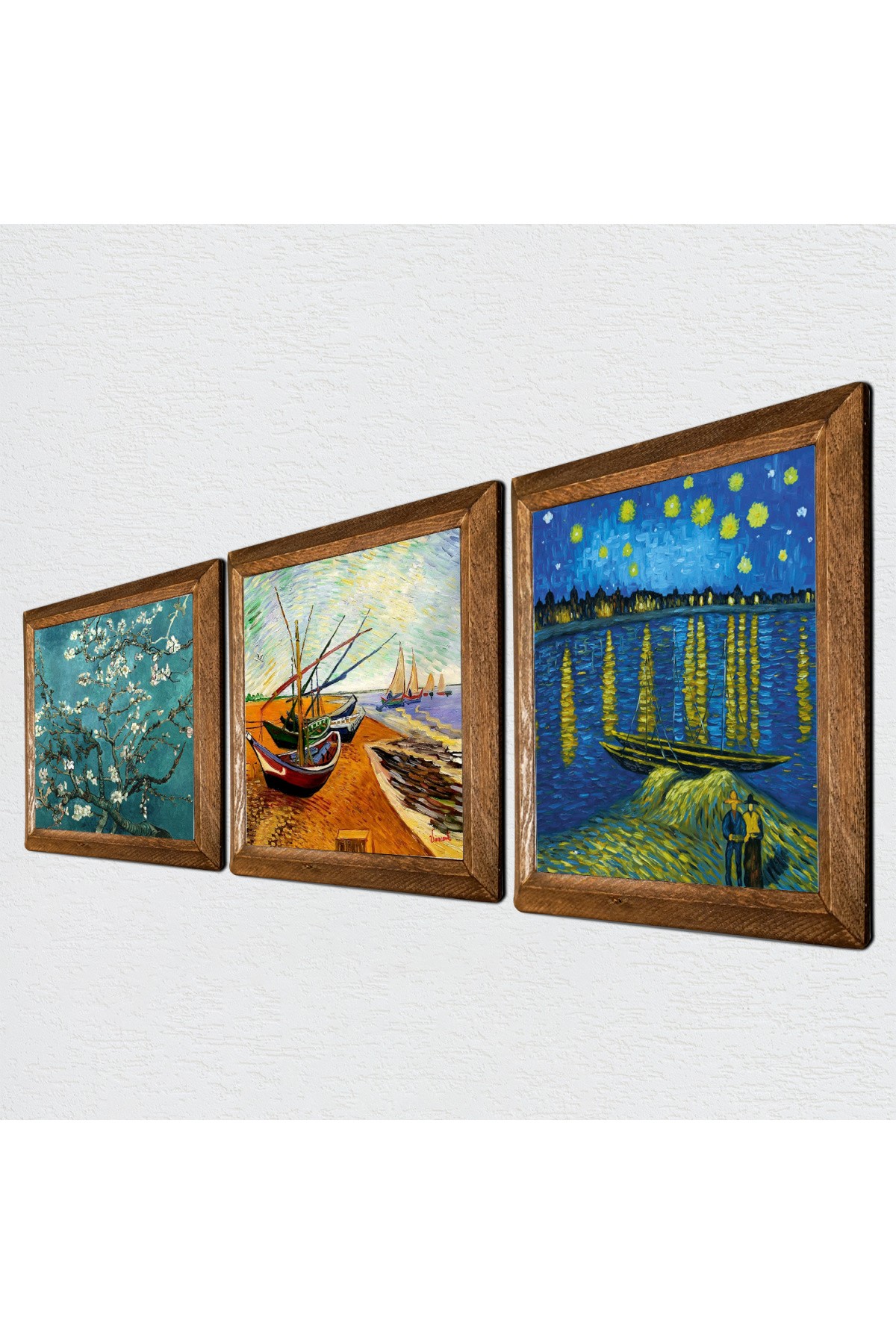 Van Gogh Taş Duvar Tablosu Ahşap Çerçeveli Duvar Dekoru 3 Parça Tablo Seti Wall Art