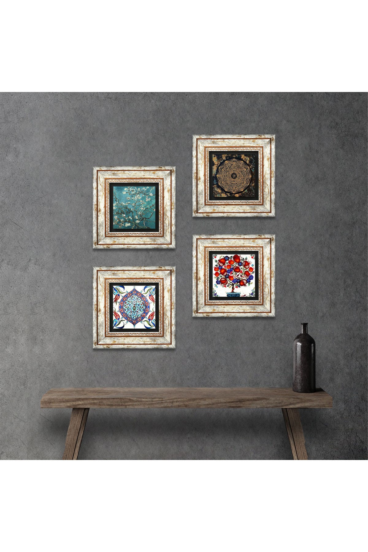 Sri Yantra, Van Gogh Badem Ağacı, Çini Sanatı, Nar Ağacı Taş Duvar Tablosu Çerçeveli Duvar Dekoru 4 Parça Tablo Seti Wall Art