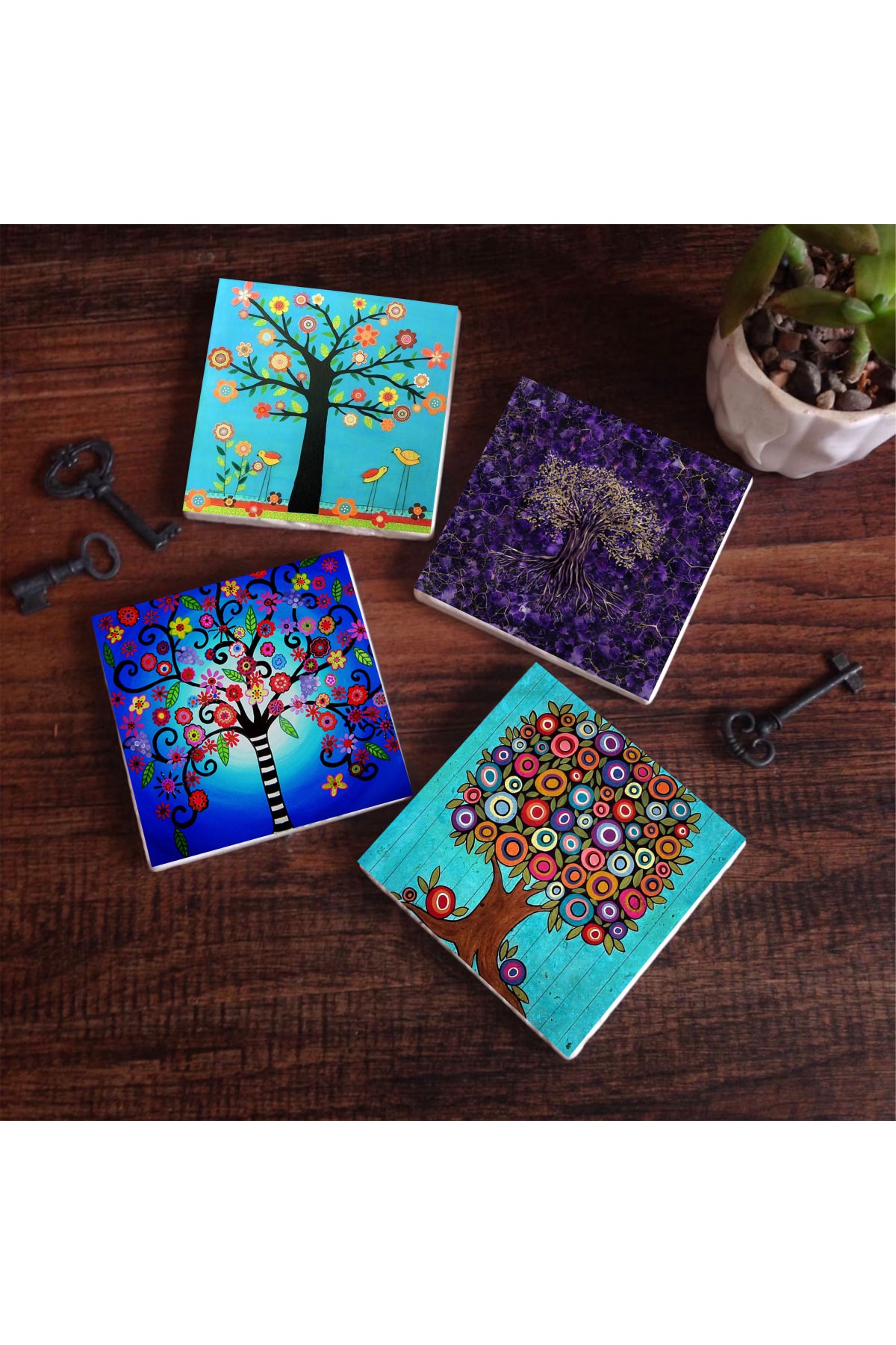 Hayat Ağacı Taş Bardak Altlığı Masaüstü Koruyucu Altlık 4 Parça Set 10x10cm Stone Coasters