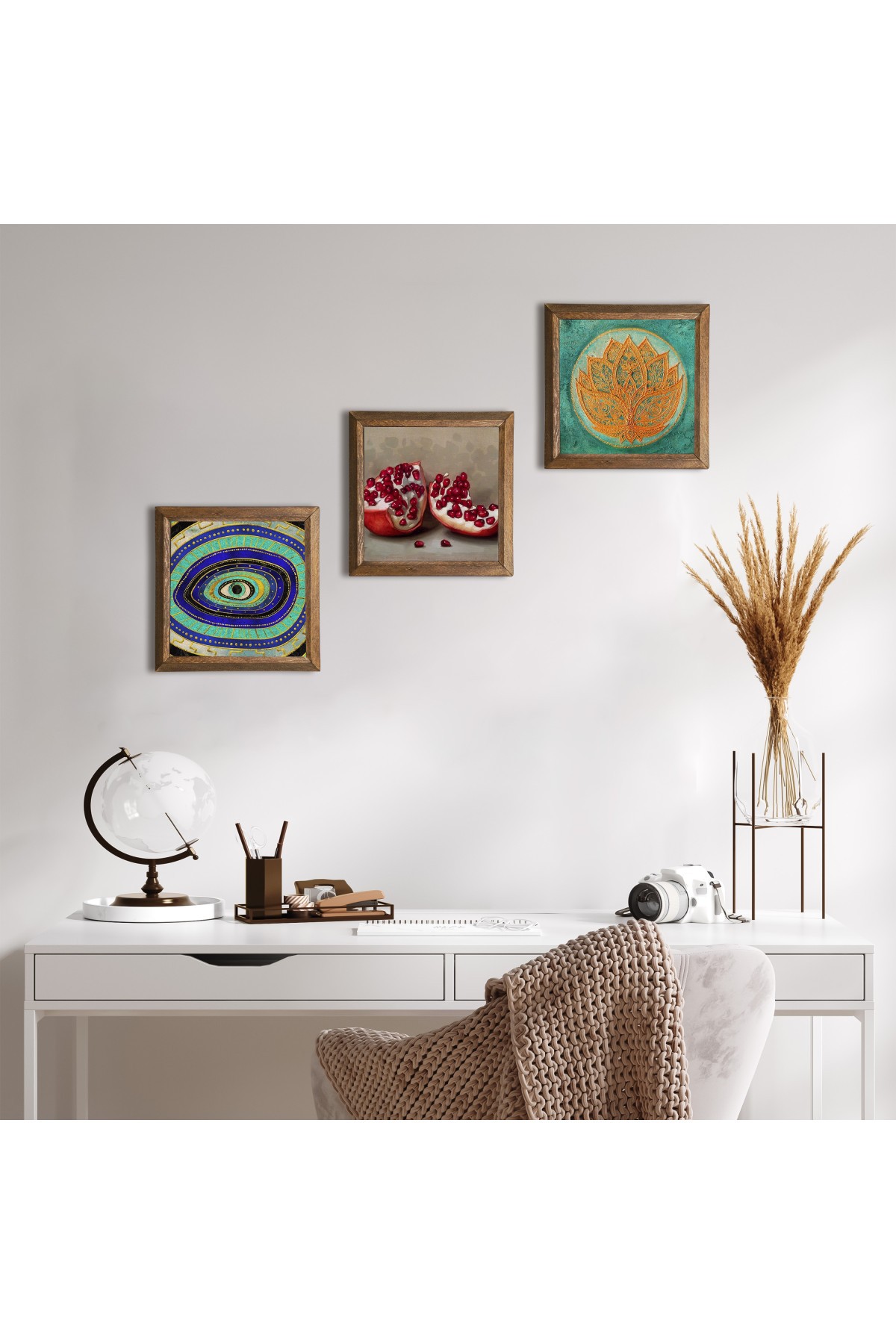 Evil Eye, Lotus Flower, Pomegranate Stone Wall Painting Wooden Framed Wall Decor 3 Piece Painting Set Wall Art