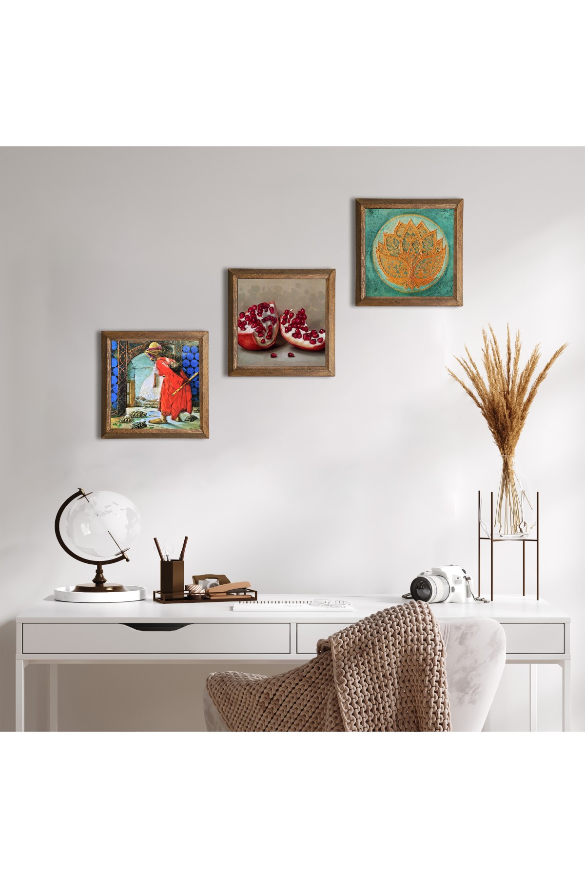 Lotus Çiçeği, Kaplumbağa Terbiyecisi, Nar Taş Duvar Tablosu Ahşap Çerçeveli Duvar Dekoru 3 Parça Tablo Seti Wall Art