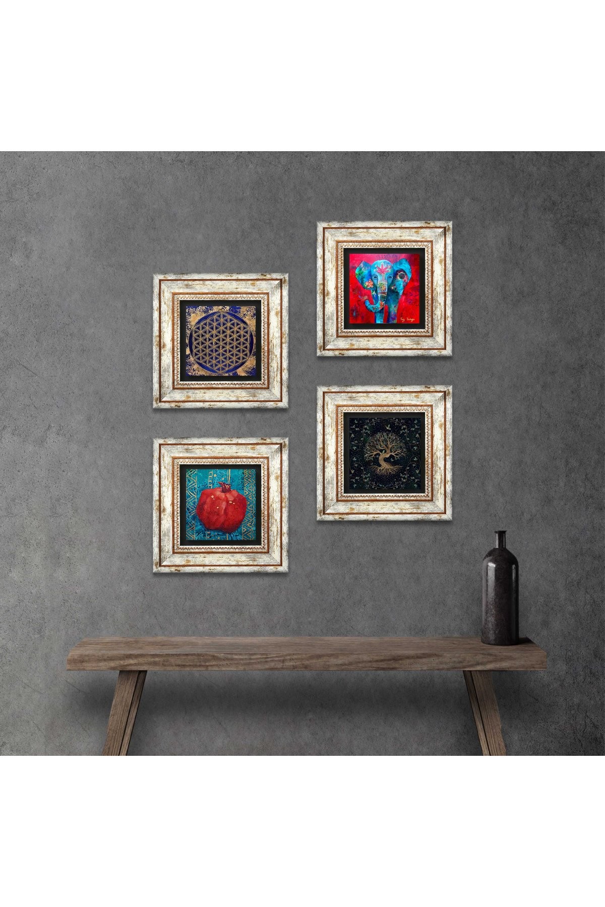 Elephant, Flower of Life, Tree of Life, Pomegranate Stone Wall Painting Framed Wall Decor 4 Piece Painting Set Wall Art